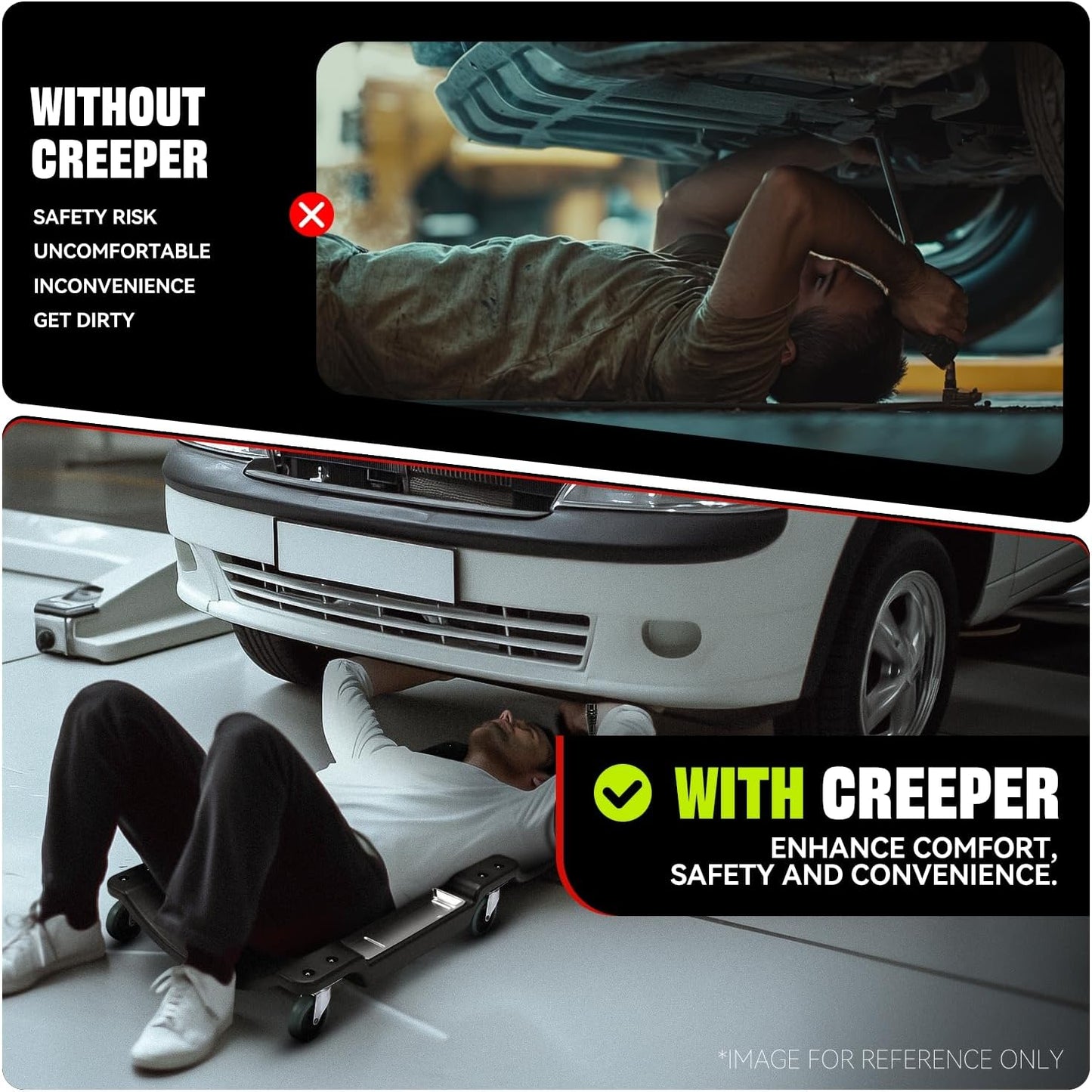 Auto Dynasty 40 Inches Mechanic Creeper, Automotive Garage Repair Low Profile Under Car Rolling Creeper with LED Light and Padded Headrest, Plastic, Black