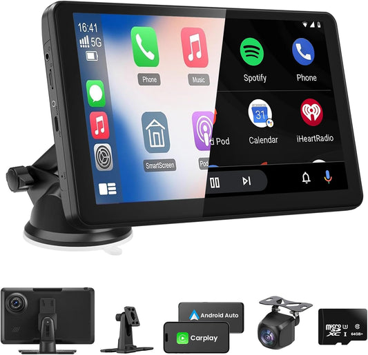 Wireless Portable Carplay Screen with 4K Dash Cam, 9" HD Touch Screen with A-pple Carplay & Android Auto Car Stereo, with 1080p Backup Camera, GPS Navigation/Mirror Link/Voice Control/Bluetooth