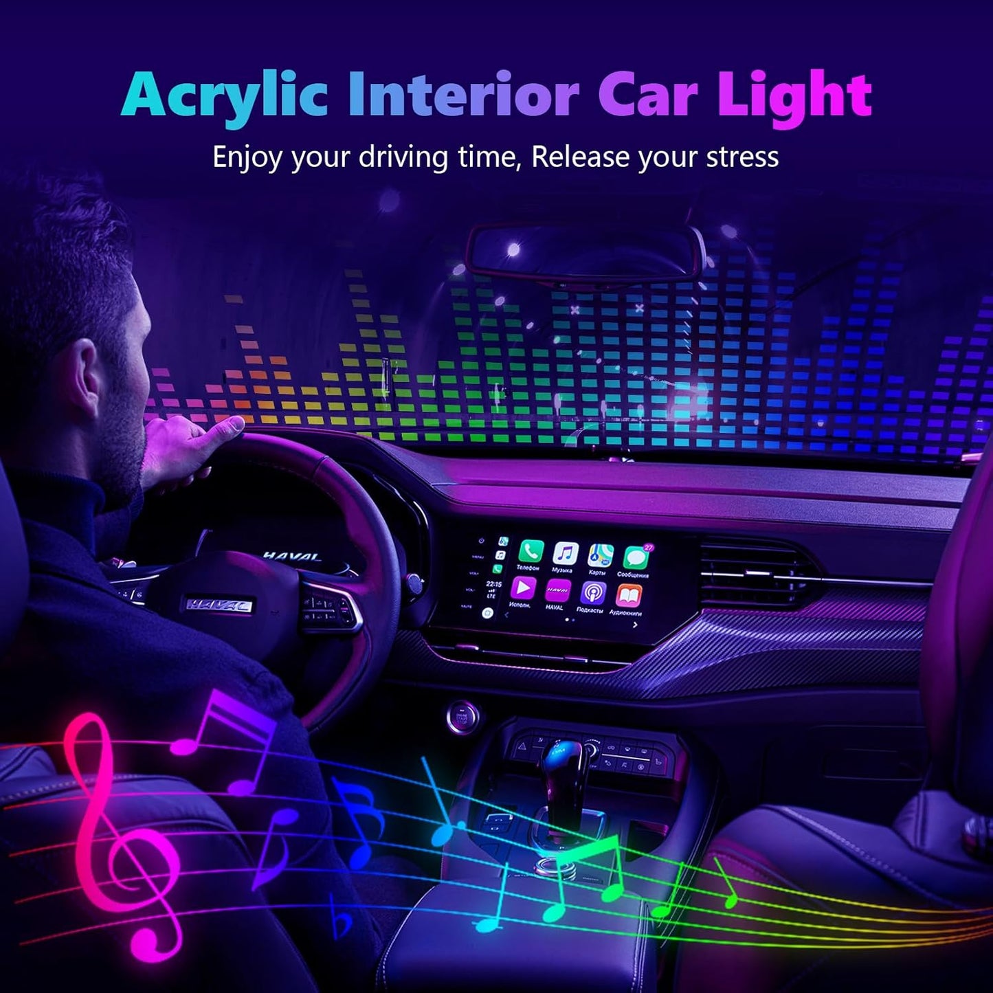 Acrylic Interior Car LED Strip Light, AMKI Dreamcolor Car Neon Light with Wireless APP Control, 10 in 1 Sub-Control Car Ambient Light Kit with DIY Mode and Music Mode, 16 Million Color Car Accessories