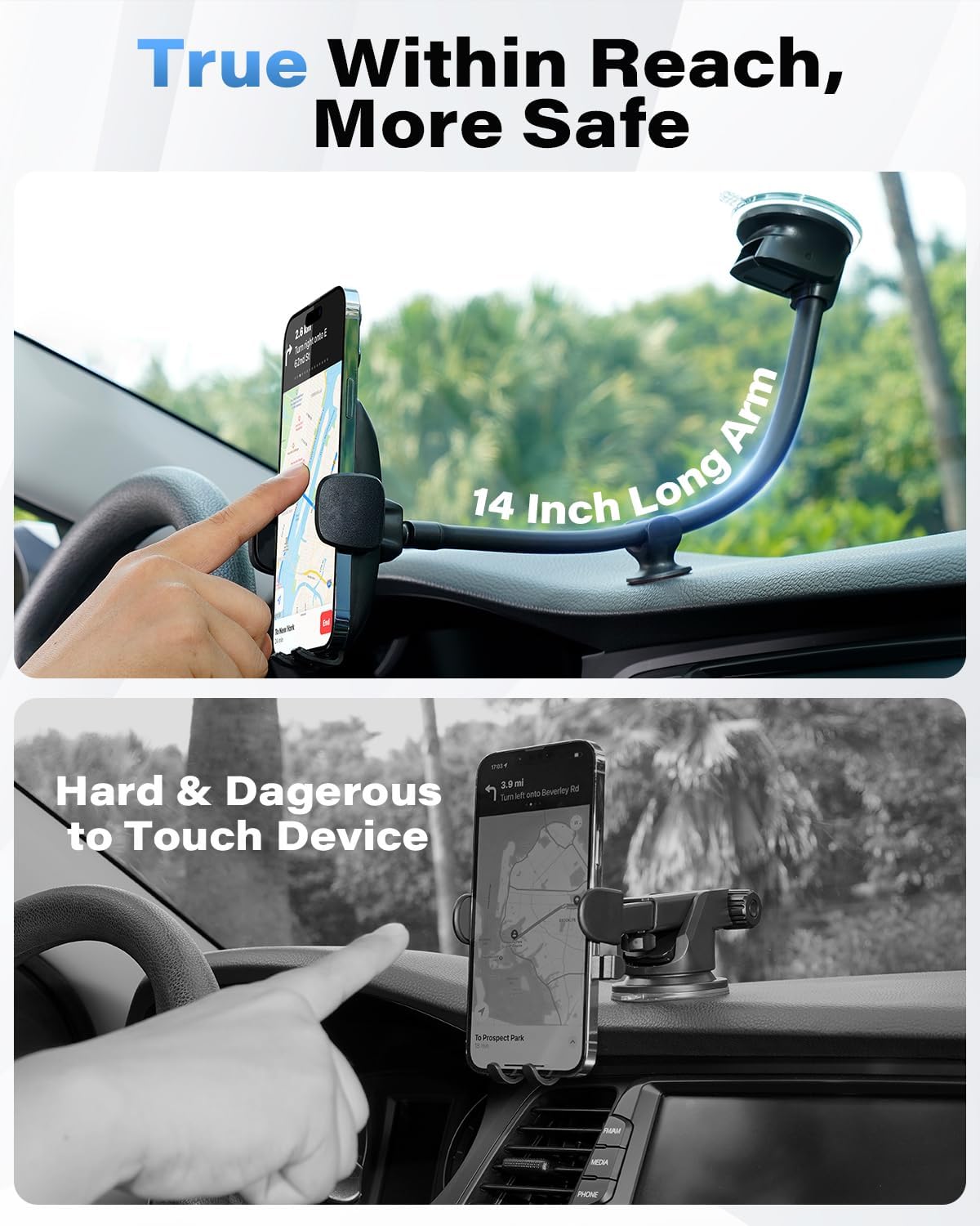 1Zero Solid Car Truck Phone Mount Wireless Charger Holder with 14-Inch Gooseneck Long Arm for iPhone 15 Pro Max Plus 14 13 12 11 XS X Samsung S24 Ultra S23 S22 S22 S21 S20 Pixel 9 Pro XL 8 7 6 5 4