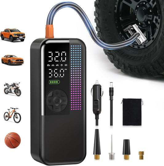Tire Inflator Portable Air Compressor, 150 PSI Cordless Air Pump, Dual Power 6000mAh, 12V DC Car Plug, Fast Inflation 24L/Min, Auto Shut-Off, LED Light, 4 Preset Modes for Car, Bike, Motorcycle, Balls