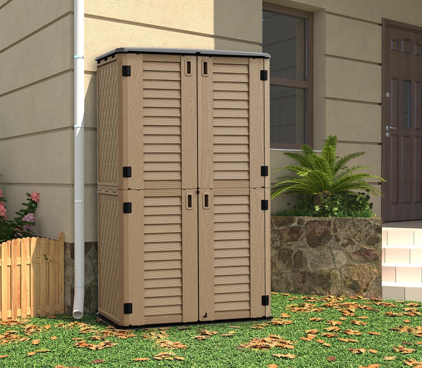 HOMSPARK Storage Shed Weather Resistance, Multi-Purpose Outdoor Storage Cabinet for Backyards and Patios, Horizontal Storage Shed for Lawnmower, Patio Accessories (Coffee, Tall - 53 cu.ft)