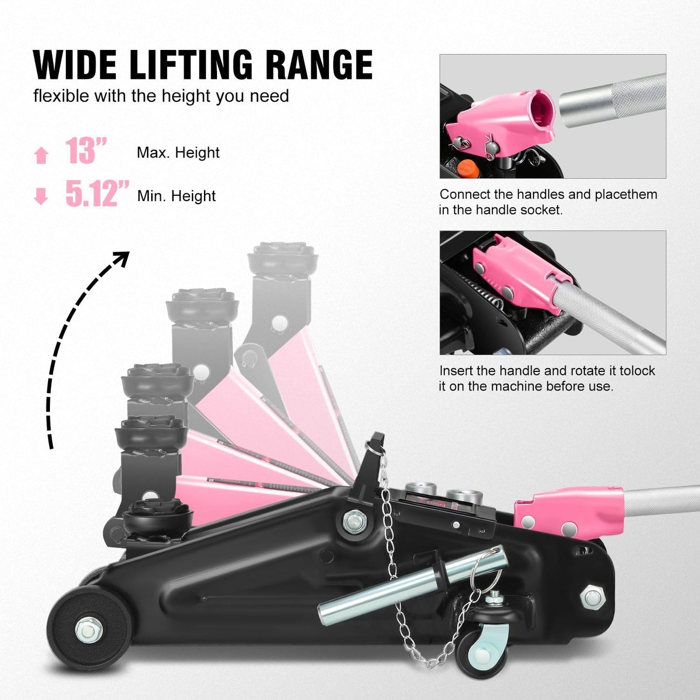 DNA MOTORING Floor Jack with Socket and Lock, Low Profile Hydraulic Trolley Jack for Cars Lift, 2 Ton (4000 lbs) Capacity, Lifting Range 5.12"-13", Pink, TOOLS-00677-PK