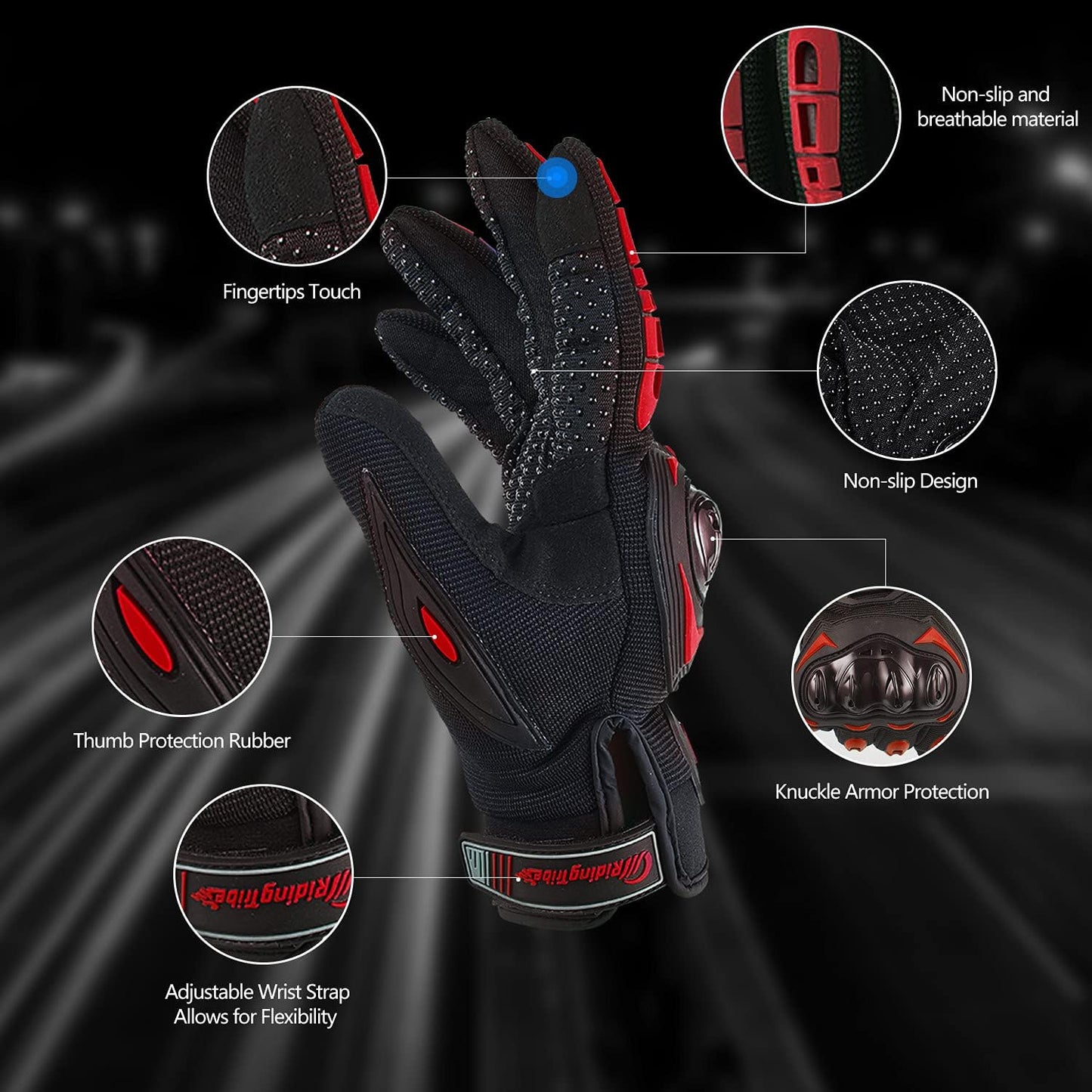 Motorcycle Gloves for Men and Women Full Finger Touchscreen Mountain Dirt Bike Gloves for Powersports BMX ATV MTB Driving Motocross Cycling Gloves(XL, Red)