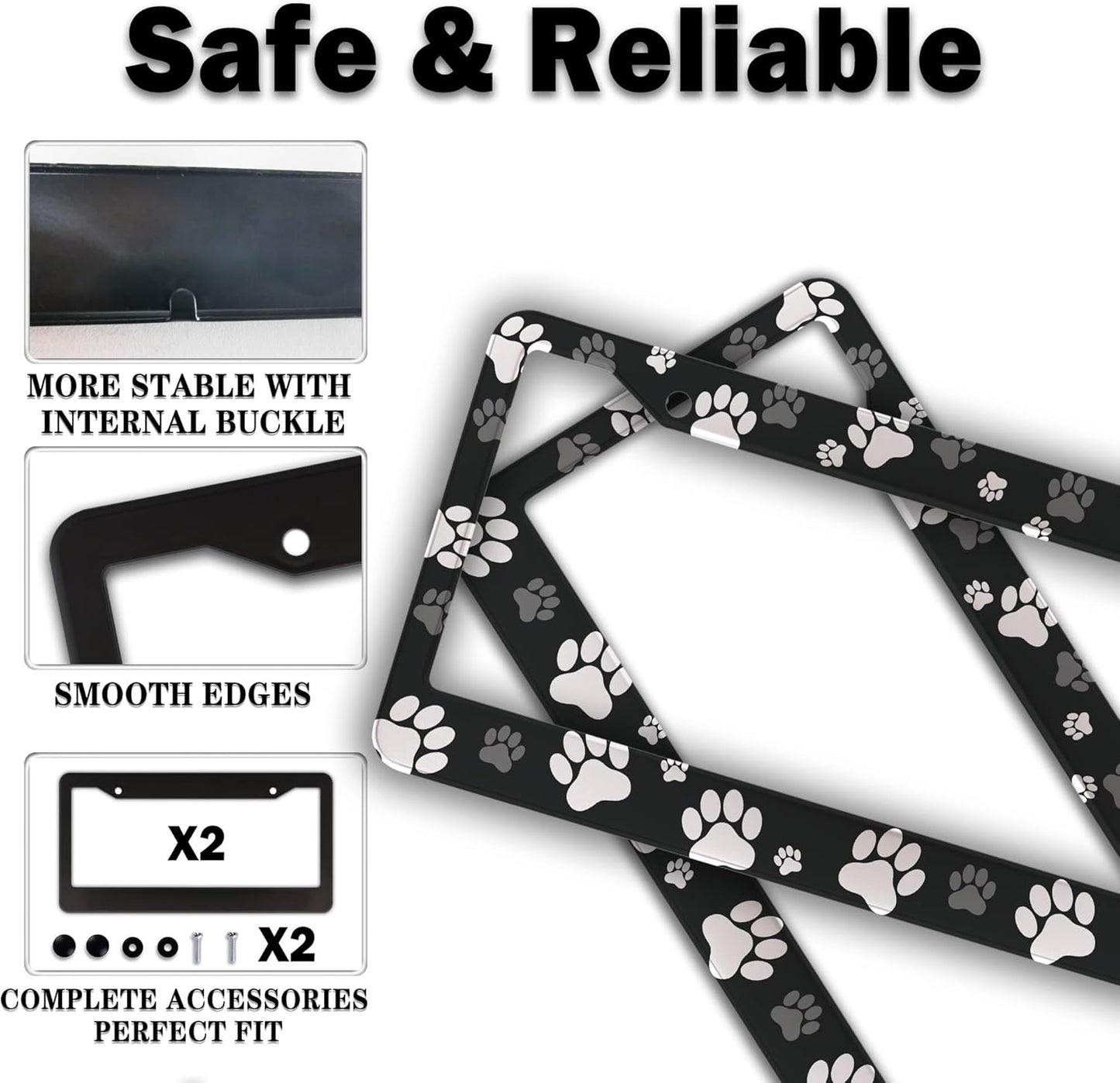 License Plate Covers Black and White License Plate Frames Paw Print Dog Cat Universal Aluminum Car Accessory 2 Pack with Screw Covers Set