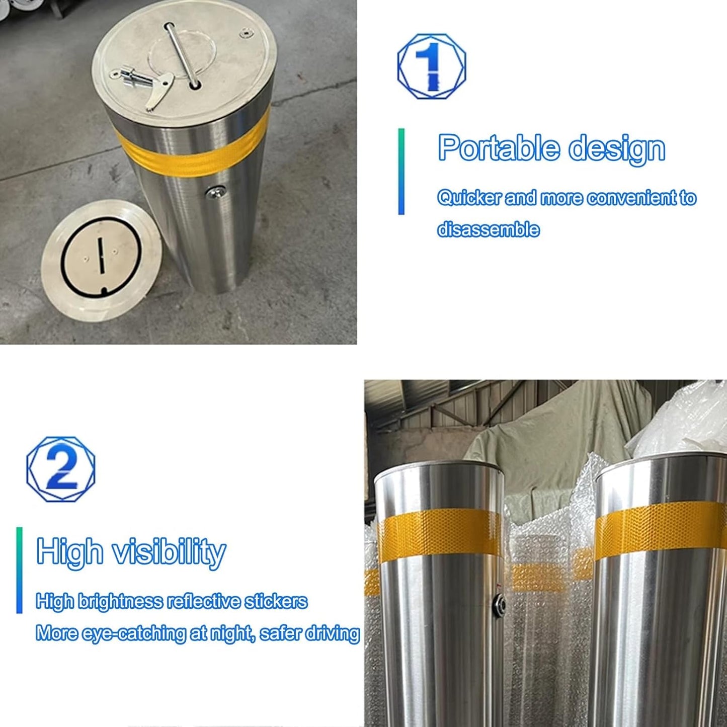 Steel Safety Bollard Post, Driveway Parking Interceptor Bollard, Crash Column Safety Warning Column, Parking Stopper for Garage, for Parking Barrier, Road Safety(Silver (2PCS))