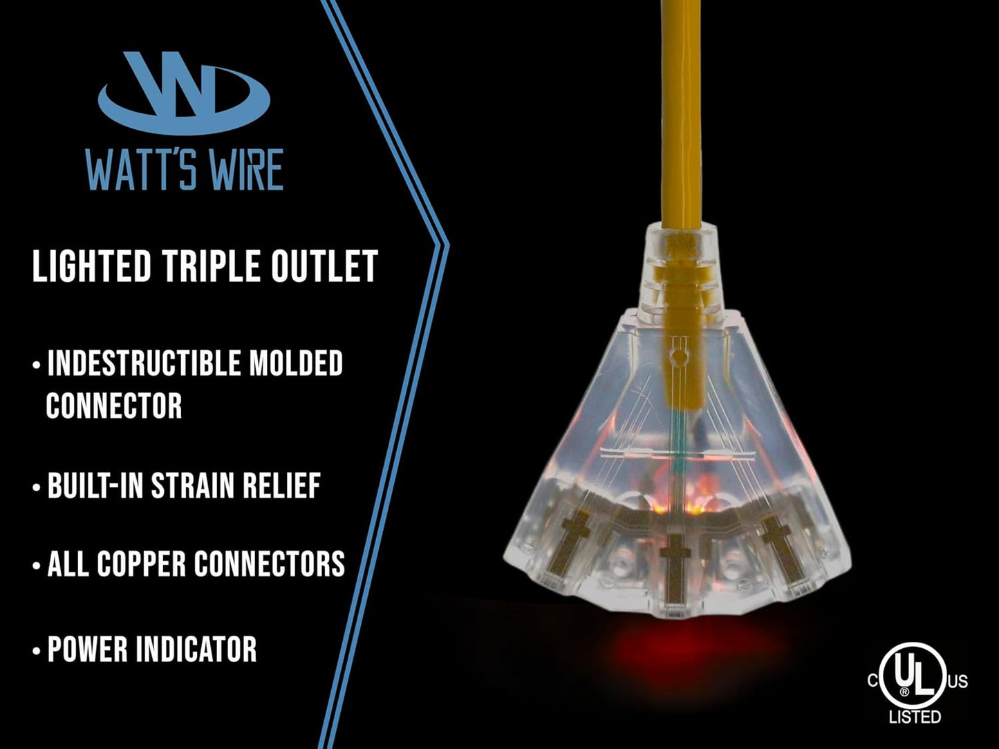 3 Pack - 2 ft - 12 Gauge Heavy Duty Extension Cord - 3 Outlet Lighted SJTW - Indoor/Outdoor Extension_Cord by Watt's Wires - 2' 12-Gauge Grounded 15 Amp ExtensionCord Splitter