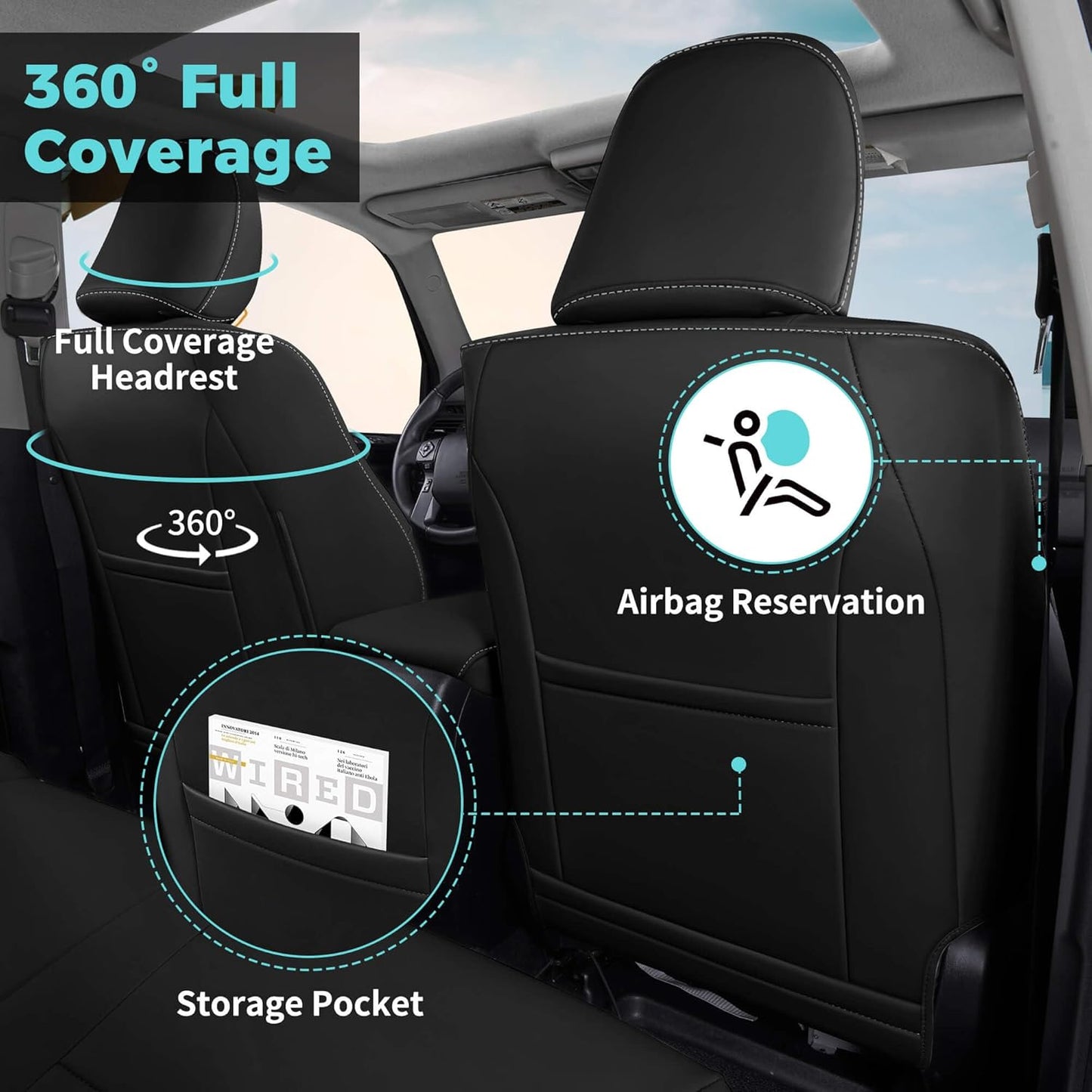 Seat Covers for Toyota 4Runner 2011-2024, Faux Leather Car Seat Cover Full Set, 3-Row-Only for 7 Seats Version-Blackwhite