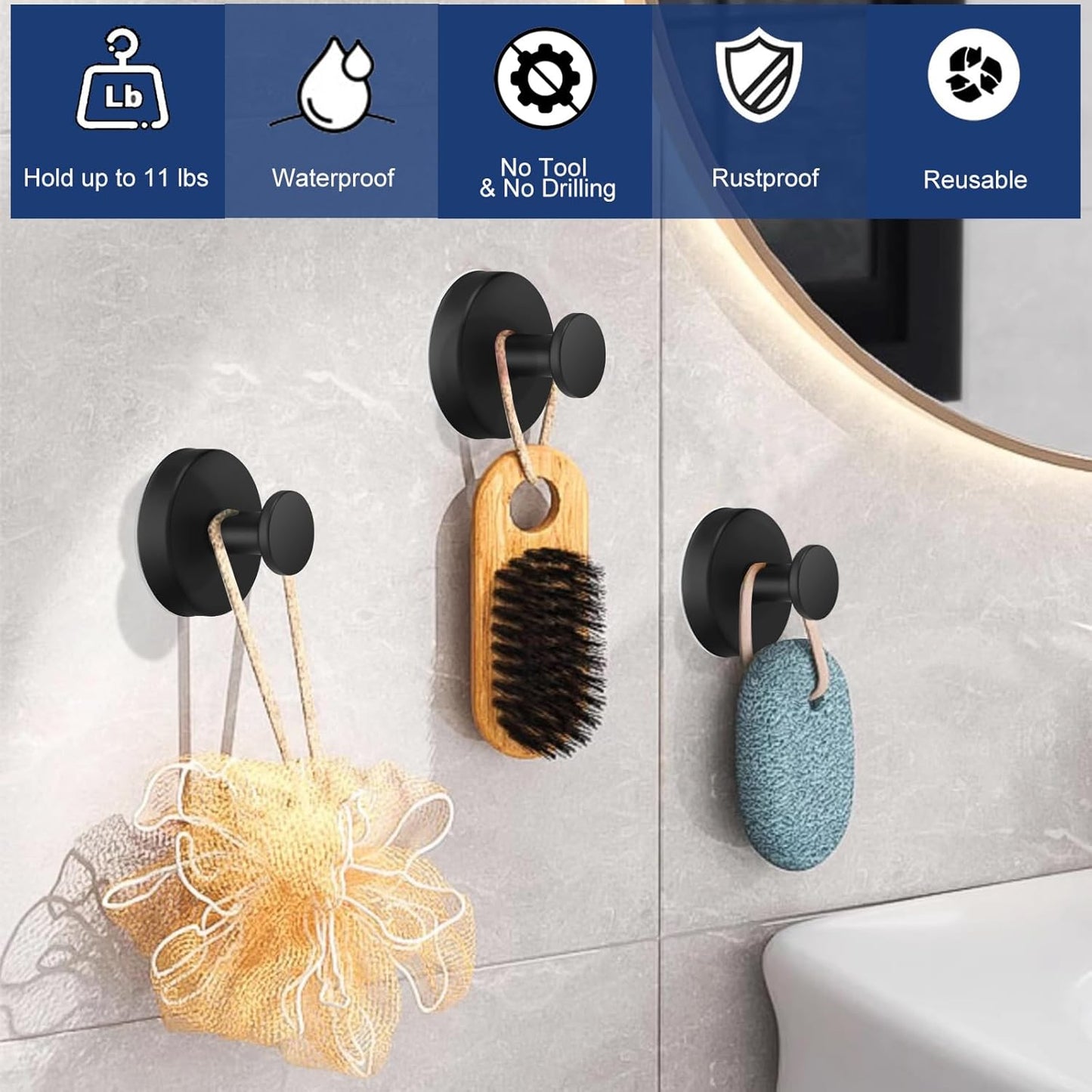 2 PCS Suction Cup Hooks for Shower, Hooks for Inside Shower, Removable Towel Hooks for Bathroom Wall, Kitchen, Glass, Tile, Mirror, Bath Robe Looafh Hook for Hanging (Black)