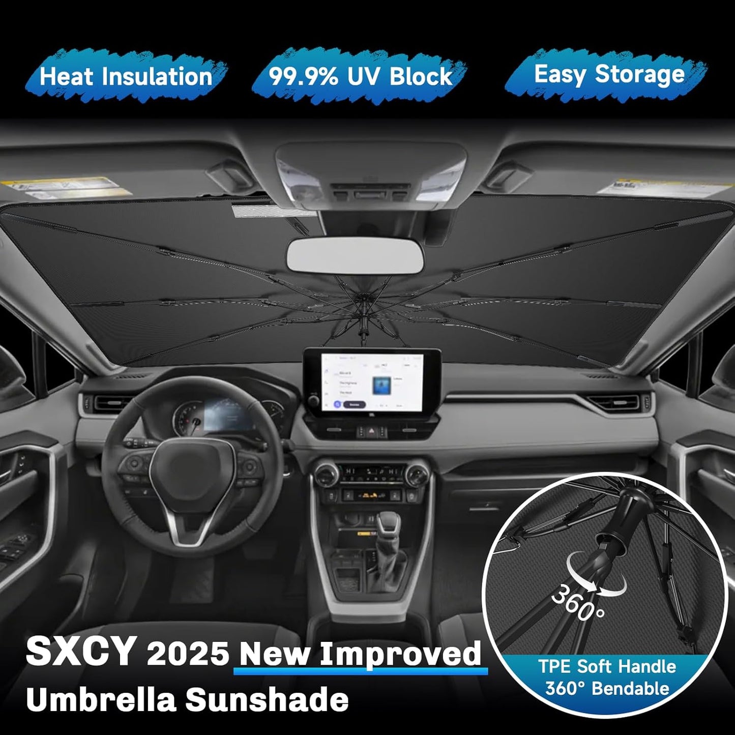 SXCY for 2019-2023 2024 2025 Toyota RAV4 Windshield Umbrella Sunshade [Easier Foldable] for 2024 2025 Toyota RAV4 Accessories 2024 2025 RAV4 Sunshade Umbrella 2025 RAV4 Windshield Umbrella Sun Shade