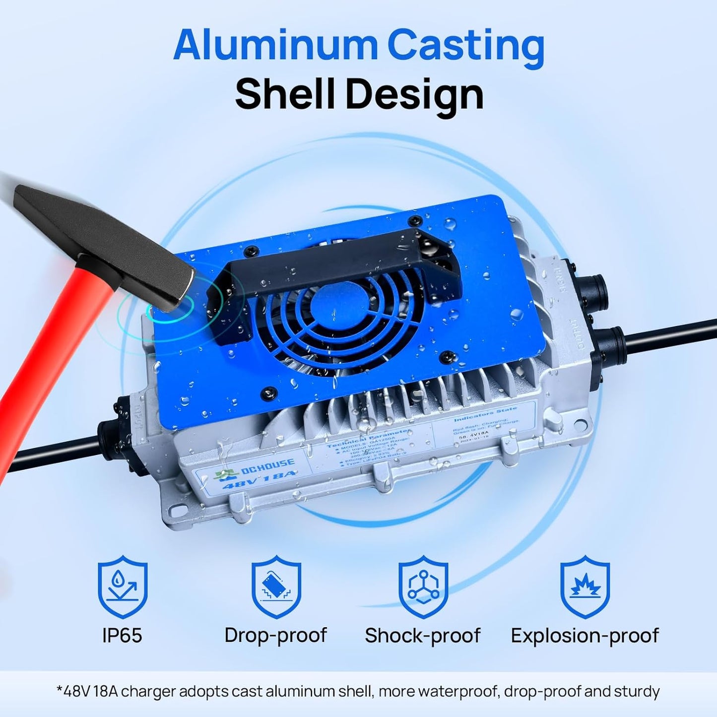 DC HOUSE 48V 18A Lithium Battery Charger, 900W Fast Charger, Charging Efficiency ≥ 93%, IP65 Waterproof Anti-Fall with Cooling Fan, Suitable for 48V Golf Cart/Forklift/Ship Lithium Battery