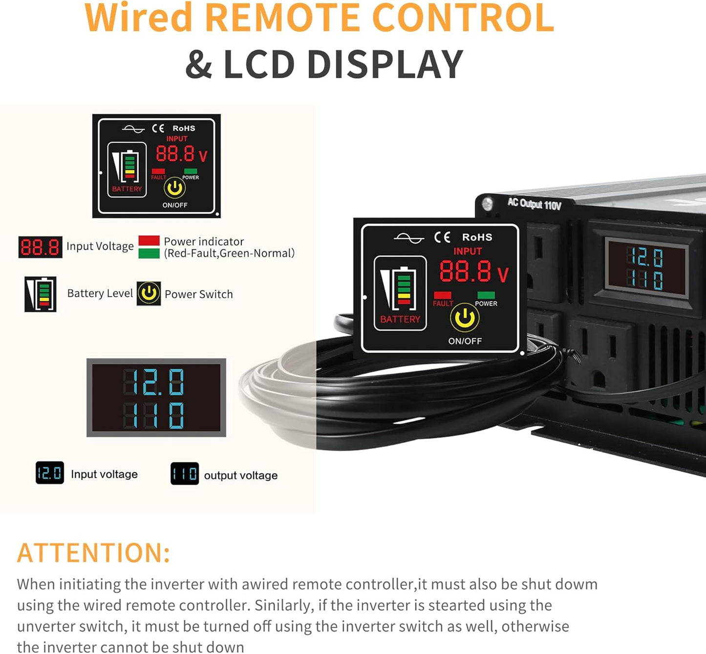 3000 Watt Pure Sine Wave Power Inverter DC 24V to 110V/120V AC Converter with 3 AC,18W USB, and 30W Type-C Charging Ports, Car Solar Power Inverters with LCD Display for Home RV Truck