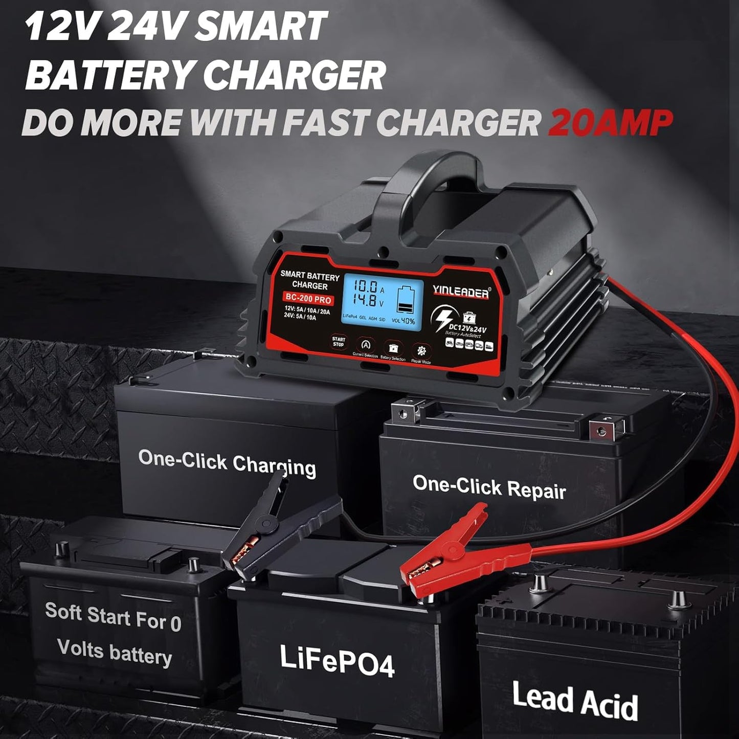 Battery Charger 20A, 12V/24V Lead Acid Smart Battery Charger, 12V LiFePO4 Car Battery Trickle Charger, Automatic Battery Maintainer for Car Motorcycle Lawn Mower Marine Boat Lead Acid Batteries