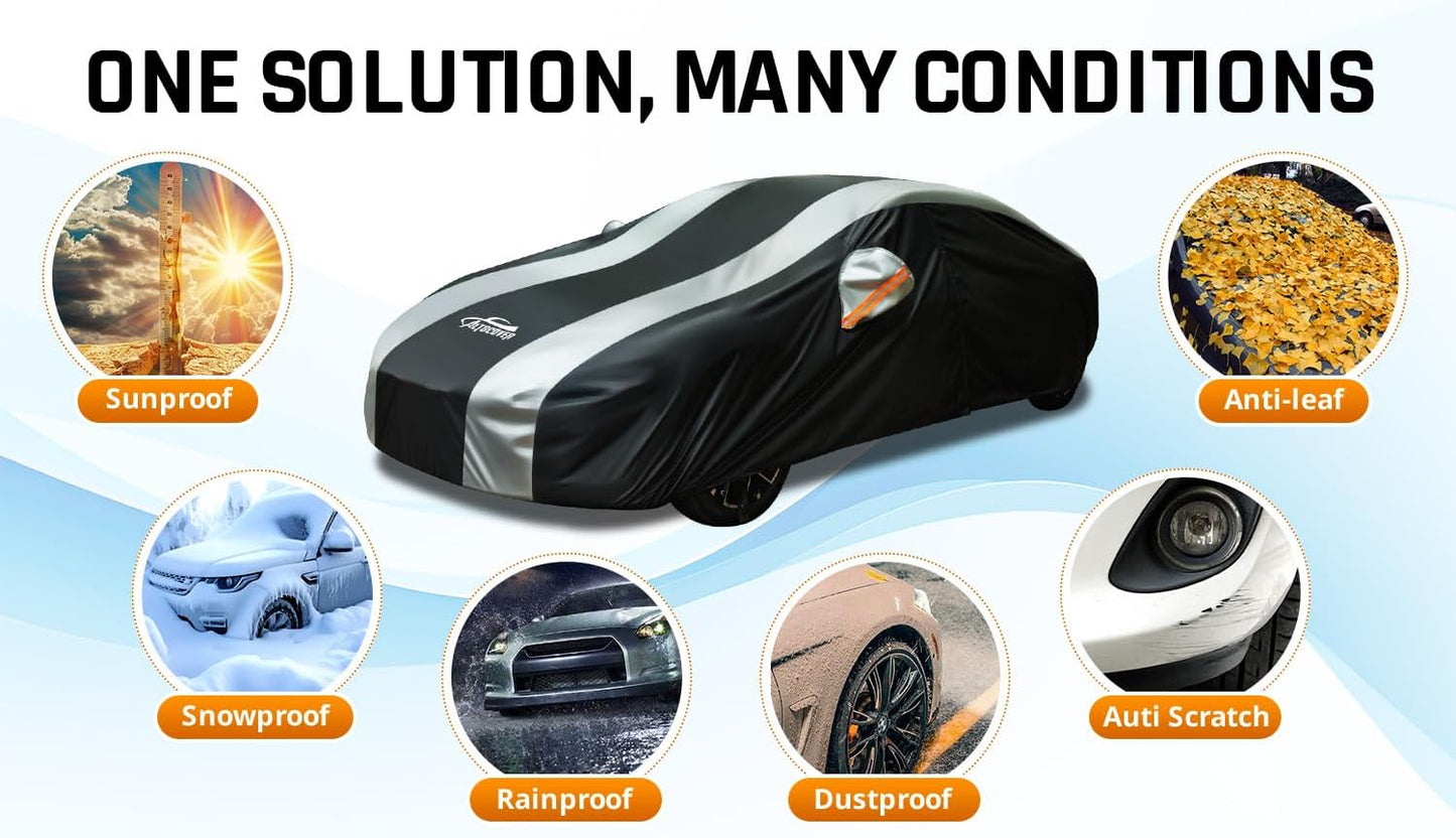 Full Exterior Covers with Silver Stripe Design,Sedan Car Cover for Waterproof Universal Fit Toyota Corolla Prius, Ford Focus Sedan, Hyundai Elantra, Kia Forte, Nissan Sentra, VW Jetta