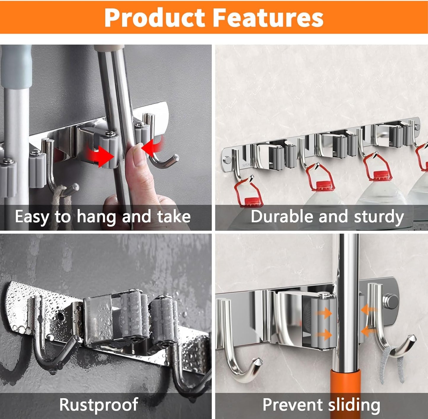 2 Pack Mop and Broom Holder Wall Mount, Non-slip Broom Hanger Wall Mount, Heavy Duty Mop Broom Organizer for Kitchen Garden Garage Laundry Room Wall Decor Organization and Storage Silver 4R5H