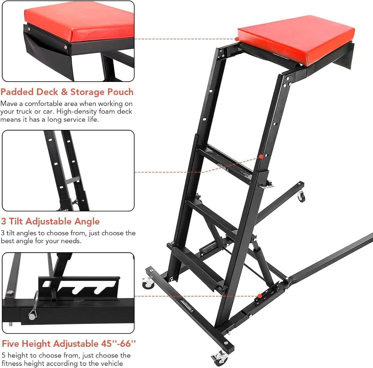 440 Lb Capacity Heavy Duty Topside Automotive Creeper, Adjustable Height 48"-66" with 4 Swivel Casters for Truck, Garage, Auto Repair & Maintenance