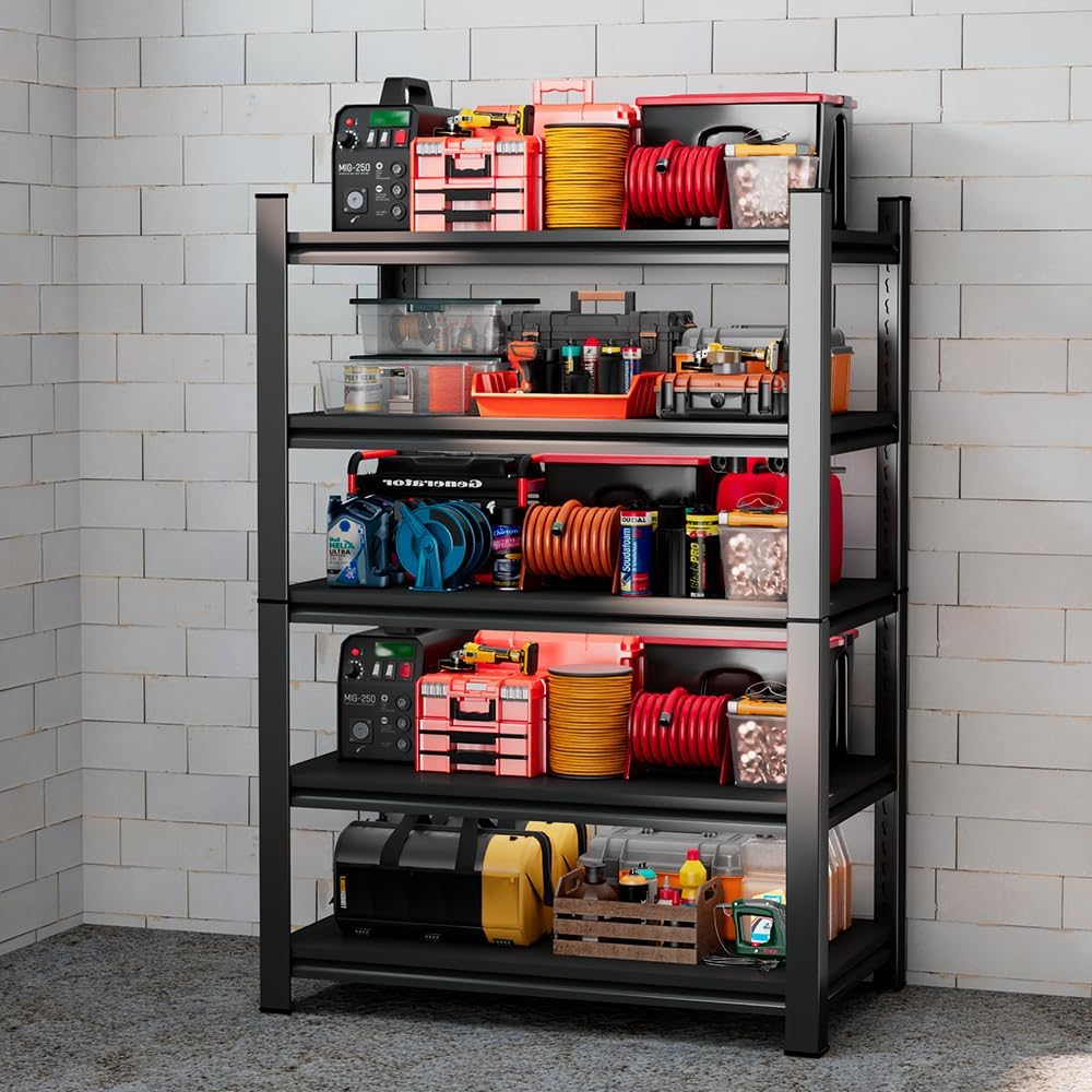 Metal Storage Rack Tier Height Free Adjustable Garage Tool Rack Load Capacity 3000lbs Industrial Storage Rack,Black,Garage,Kitchen,Bedroom,Garden (5-Tier63.0" H*39.4" W*17.7" D)