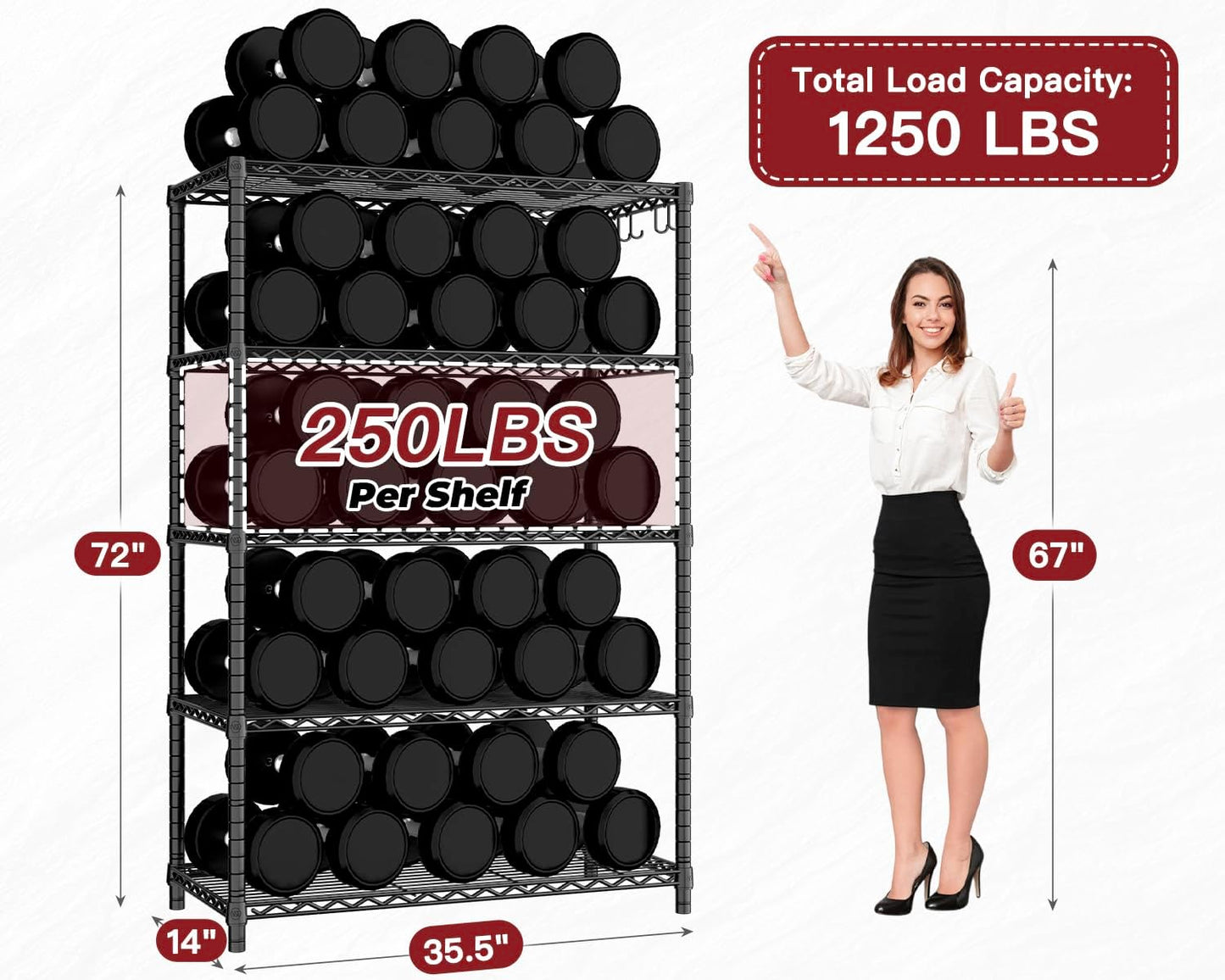 PrimeZone Wire Metal Storage Shelves - 5 Tier Adjustable NSF Certified Heavy Duty Garage Shelving Unit Organizer Rack, Steel Utility Shelf for Kitchen, Pantry, 35.5" W x 14" D x 72" H, Black, 4 Packs