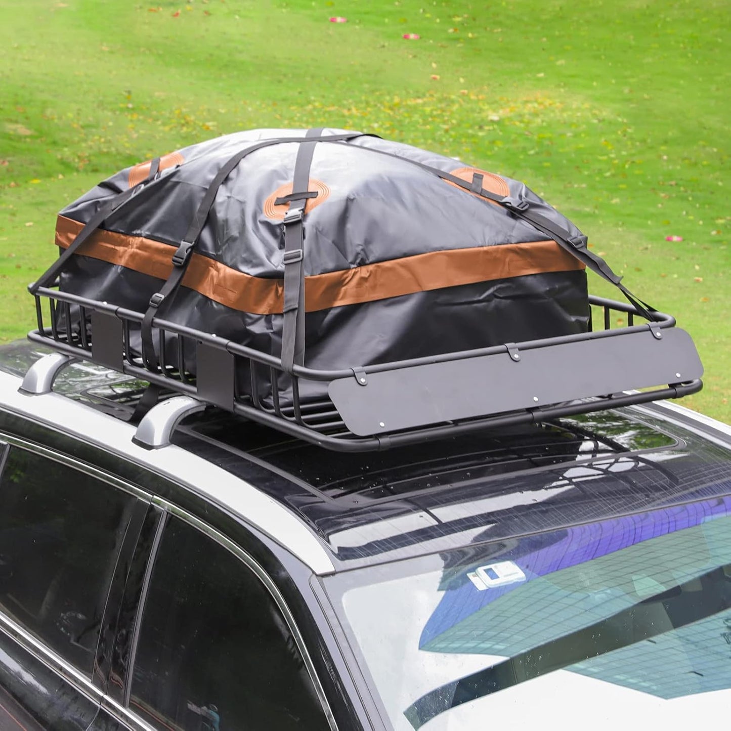 WEIZE Roof Rack Carrier Basket Universal Rooftop 54" x 34" x 6" + Waterproof Bag, Cargo Net with Attachment Hooks, Ratchet Straps for SUV, Truck