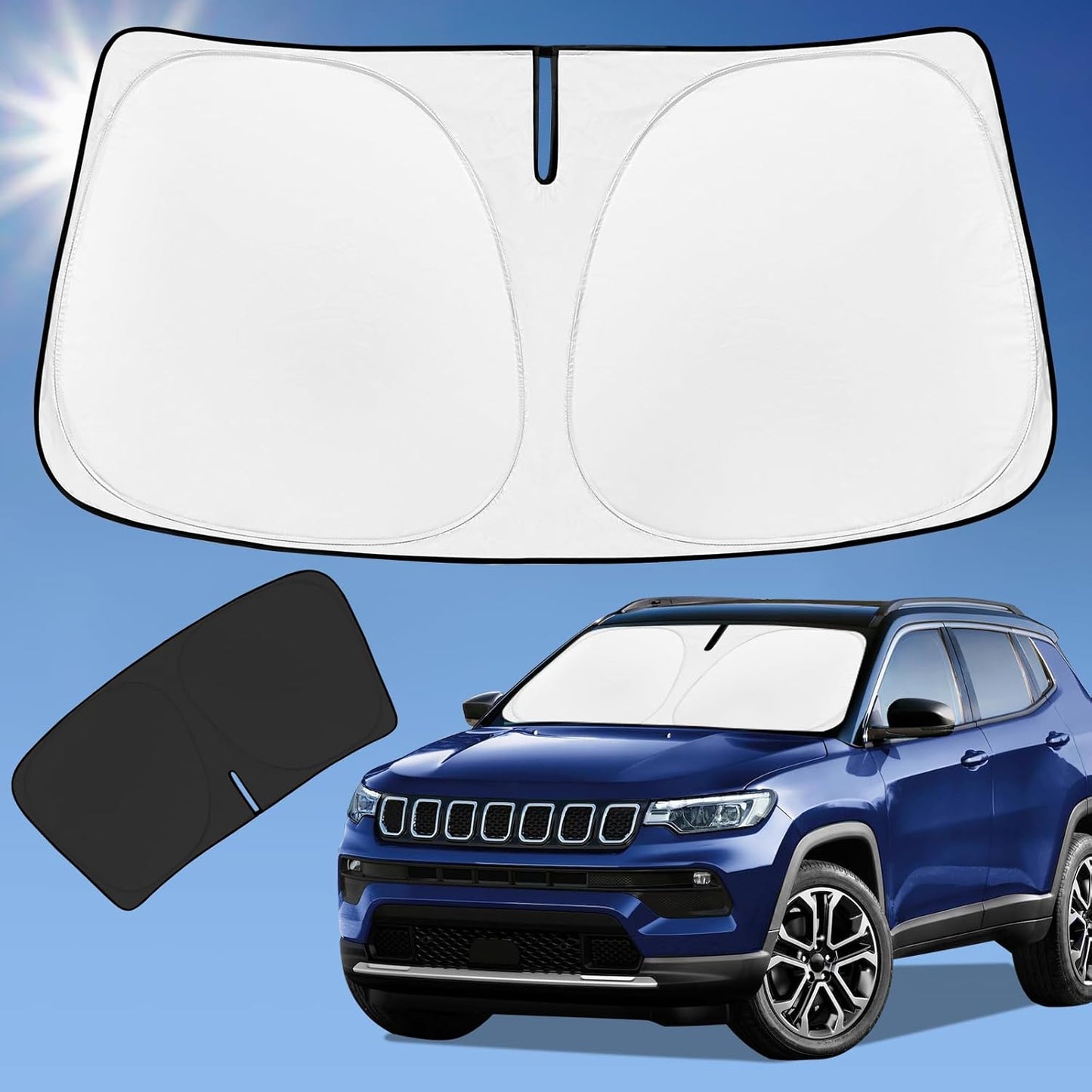 Sun Shade Sunshade for Jeep Compass Windshield Cover, 4-Layer Front Window Shade Custom fit Compass 2017-2024 2025 Sun Visor 240T Retractable Shield Shade Blocks UV Rays Cooler Car Accessories