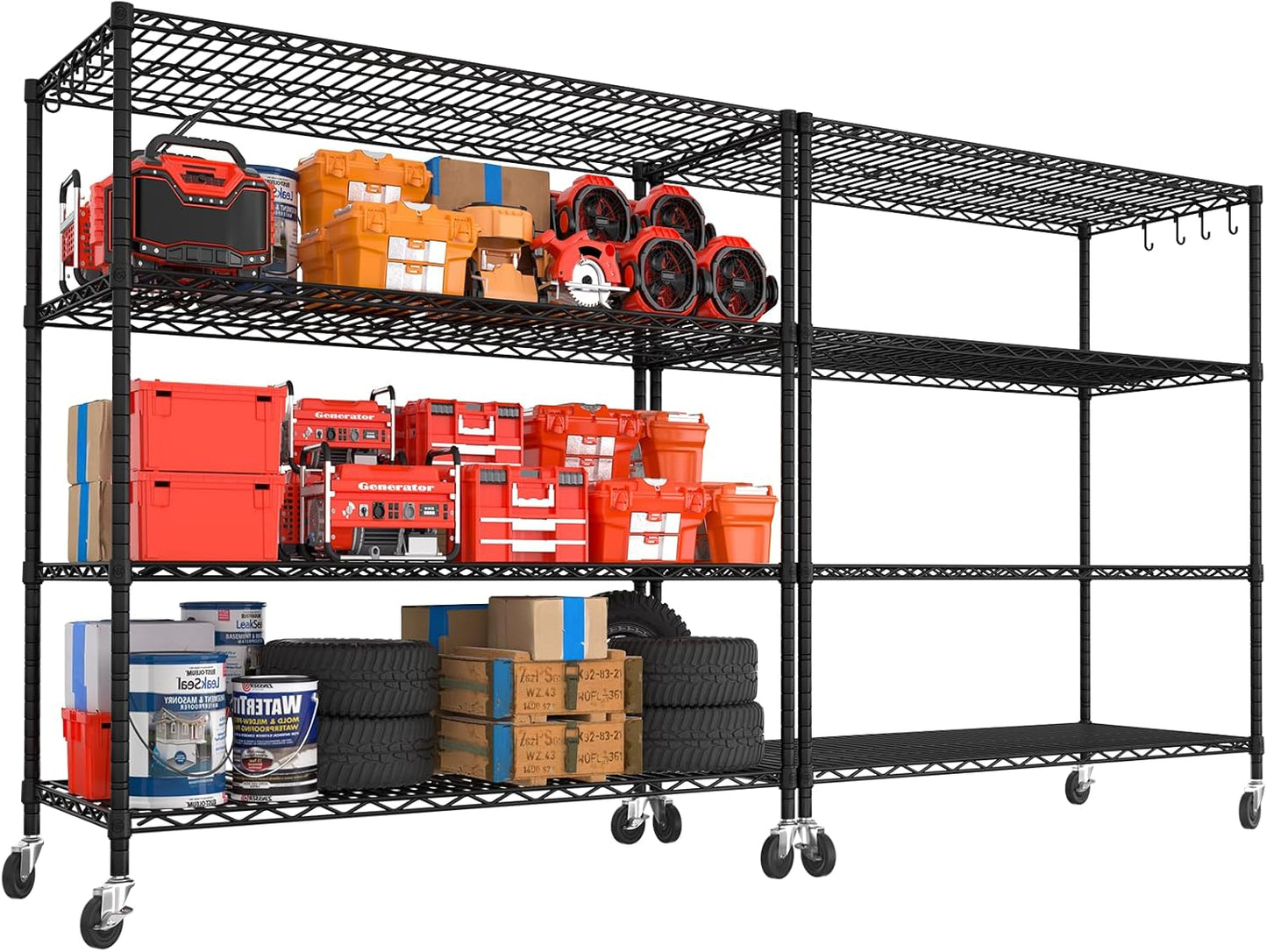 PrimeZone 2 Packs 55.5" W x 24" D x 80" H Heavy Duty Wire Storage Shelves with Wheels, 4 Tier Adjustable NSF Certified Garage Shelving Unit, Rolling Metal Organizer Shelf Rack for Warehouse, Pantry
