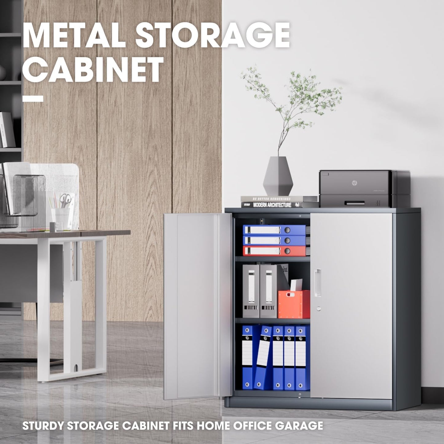 DNA MOTORING 36'' Metal Storage Cabinet, Locking Tool Cabinet with 2 Doors and 2 Adjustable Shelves, Heavy Duty Metal Locker for Garage,Office,Home,Gym, Gray White, TOOLS-00631-GY-WH-A