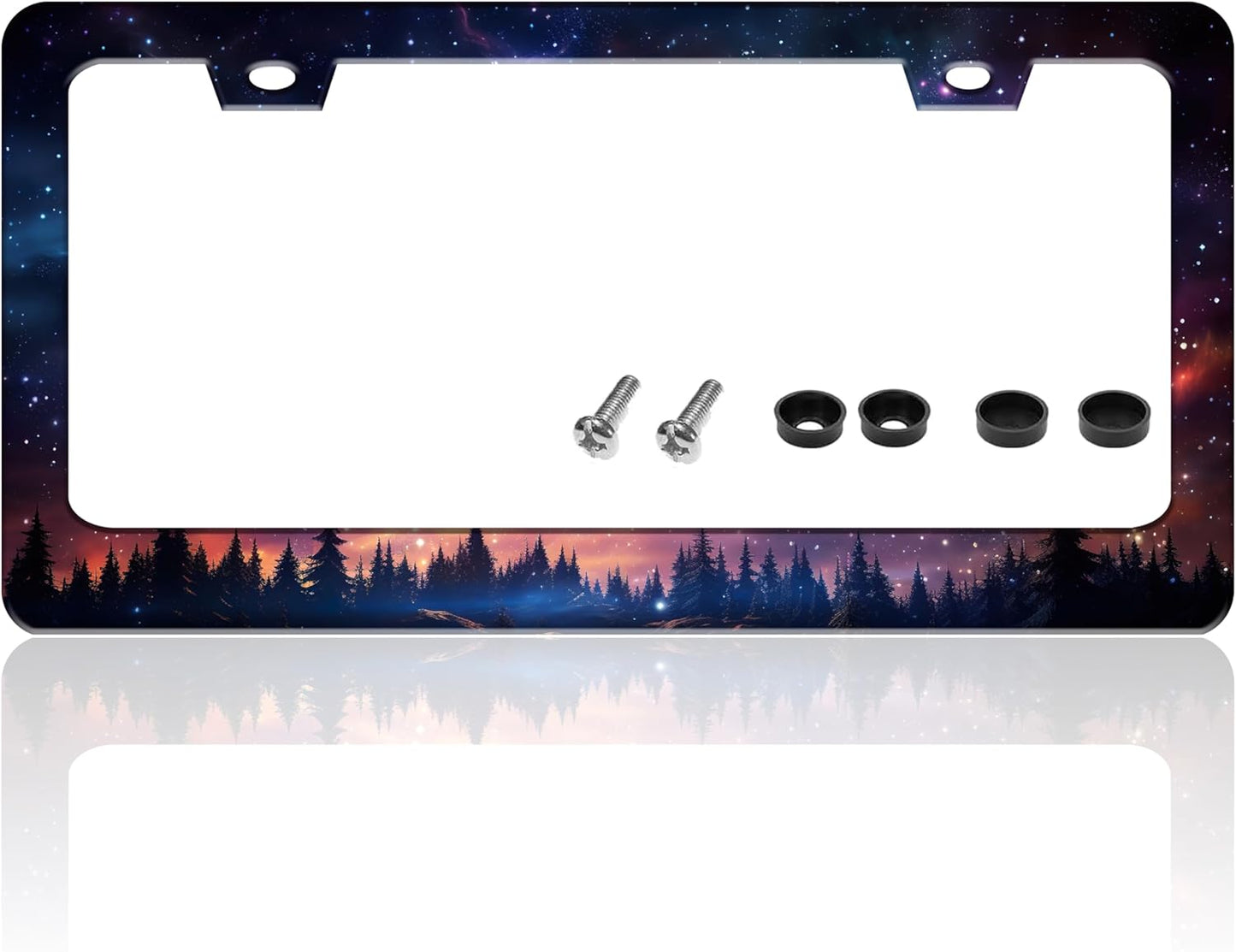 Starry Sky Galaxy License Plate Frame Beautiful Night Forest Funny License Plate Holder for Front or Rear Car Tags Durable Stainless Steel Car Decoration with Screws 6.3 X 12.2 in for Men Women