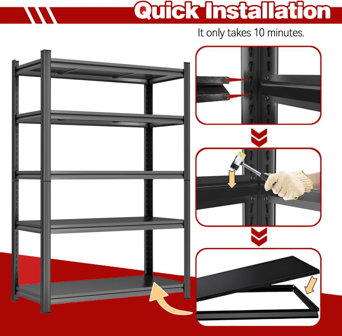 48" W,Heavy Duty 5-Tier Steel Garage Shelving Unit | 3800LB Capacity| Garage & Basement Storage | Industrial-Grade Metal Shelving for Warehouses & Workshops | Adjustable, Rust-Resistant, Black