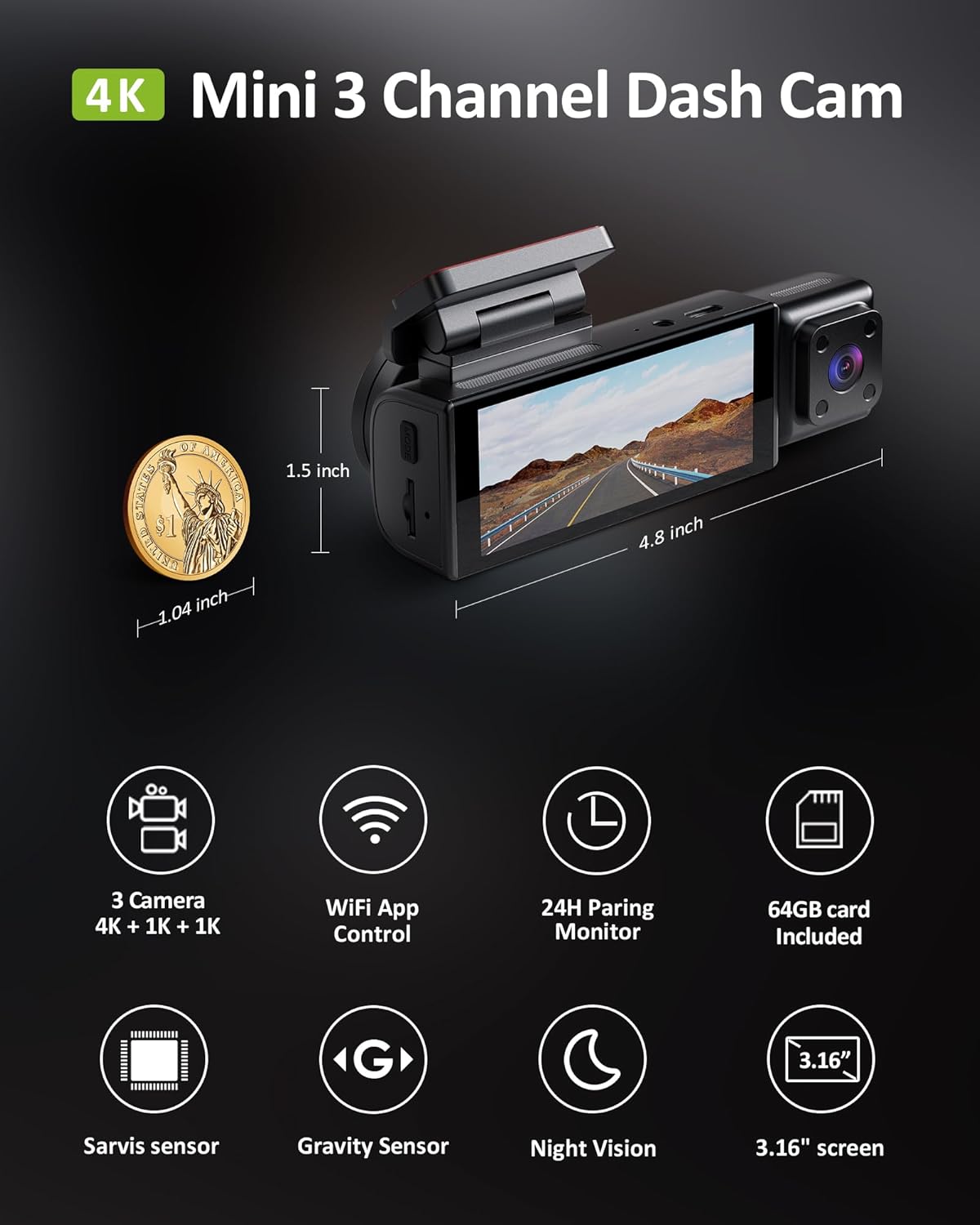 4K 3 Channel Dash Cam Front Rear Inside，STARVIS Sensor, 5GHz WiFi,64GB Card Included, 2160P+1080P+1080P Car Dash Camera, 3.16" IPS Screen, IR Night Vision,HDR, G-Sensor, 24/7 Parking Mode