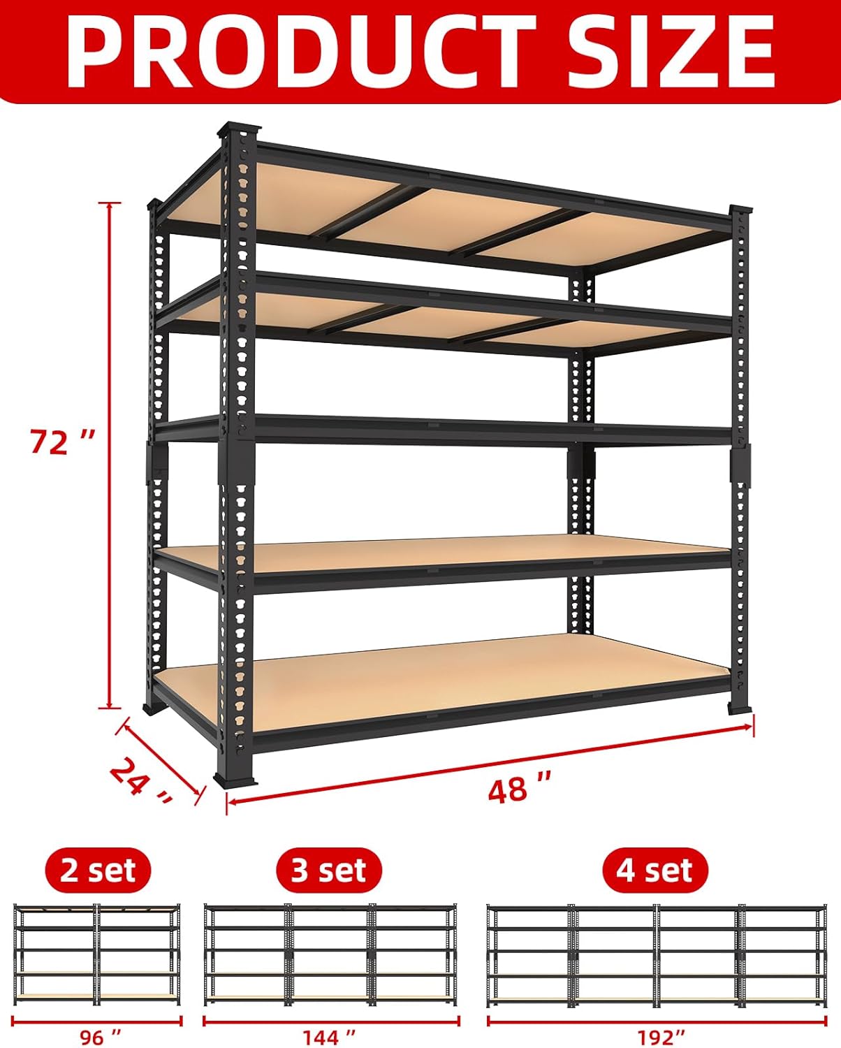 PrimeZone Heavy Duty Garage Storage Shelves - 48" W X 24" D X 72" H Adjustable Metal Shelving Unit, 5 Tier Industrial Shelves for Storage Standing Utility Rack for Warehouse, Basement, Black, 6 Pack