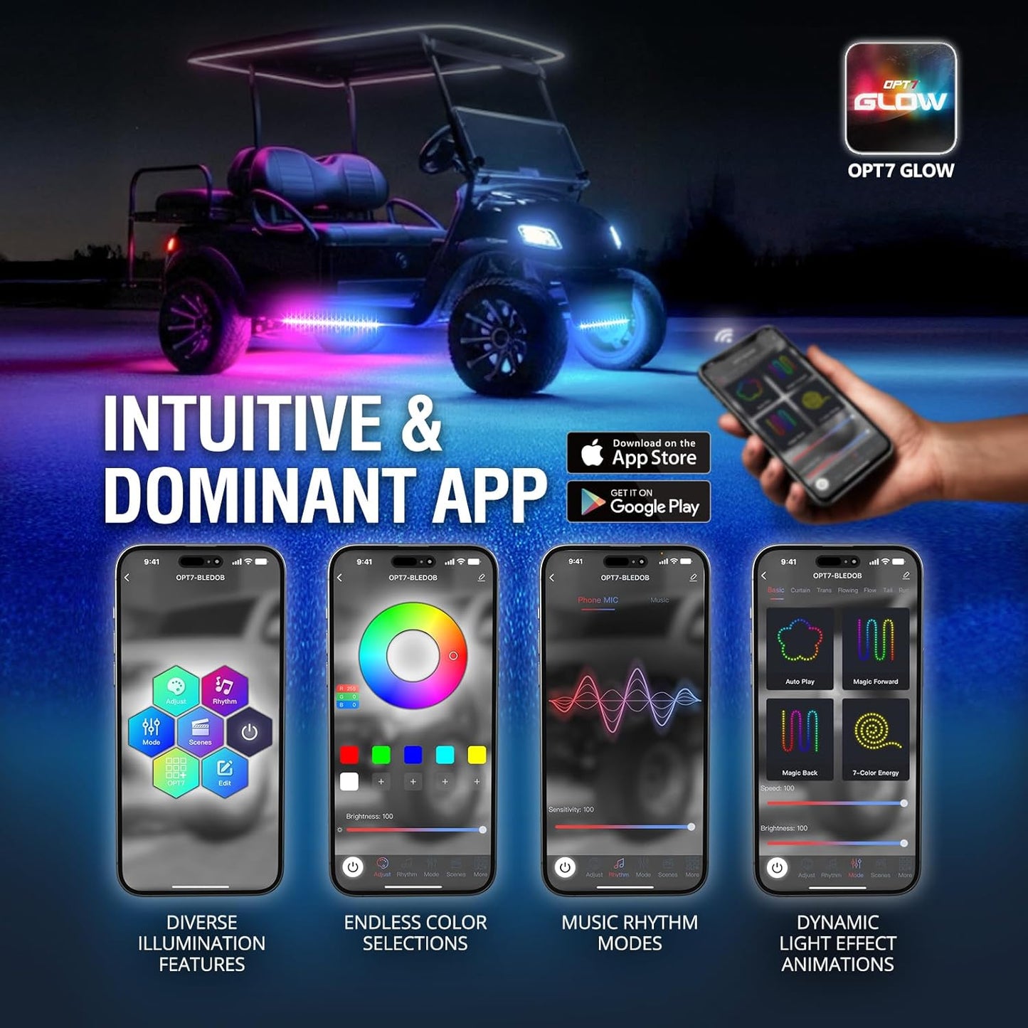 OPT7 Aura DreamColor Underglow Chasing Lights for Golf Cart w/APP & Remote Control, Waterproof Rigid Aluminum Light Bar, Decorative RGB-IC Car LED Lighting Kit, EZGO Yamaha Club Car Universal Fit