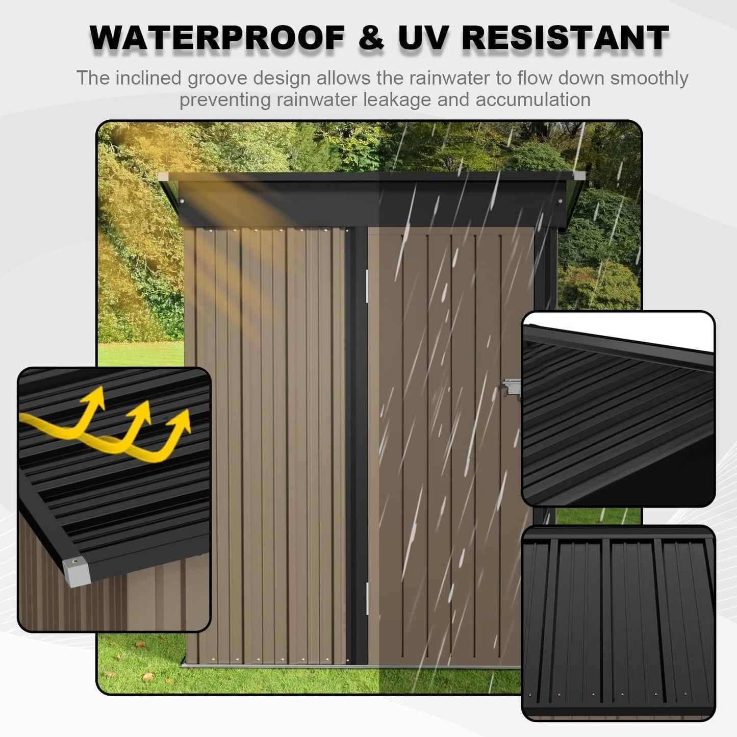 JUMMICO Metal Outdoor Storage Shed 5 x 3 FT Metal Shed with Lockable Door,Waterproof Garden Tool Shed Storage House for Backyard Patio Lawn, Brown