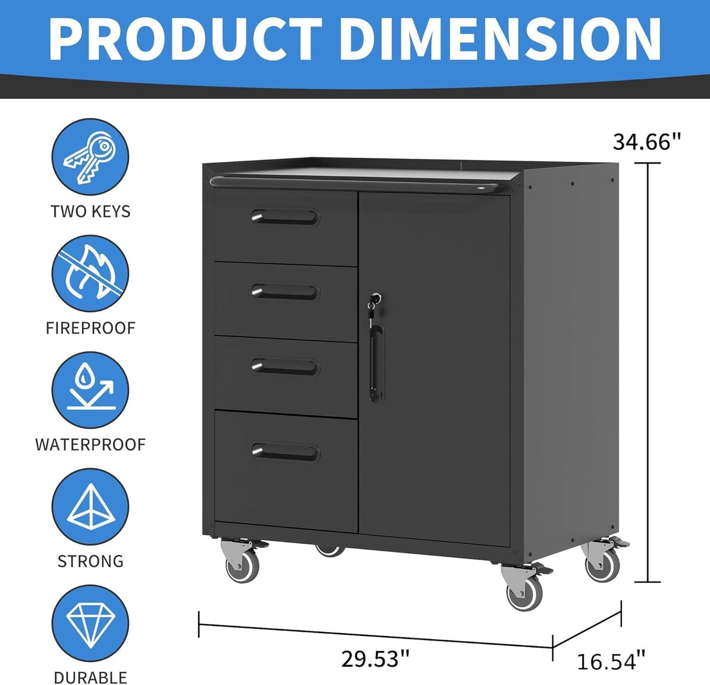 Metal Storage Cabinet with Wheels, Garage Cabinet with 1 Door and 4 Drawers, Rolling Tool Storage, Assembly Required, Black