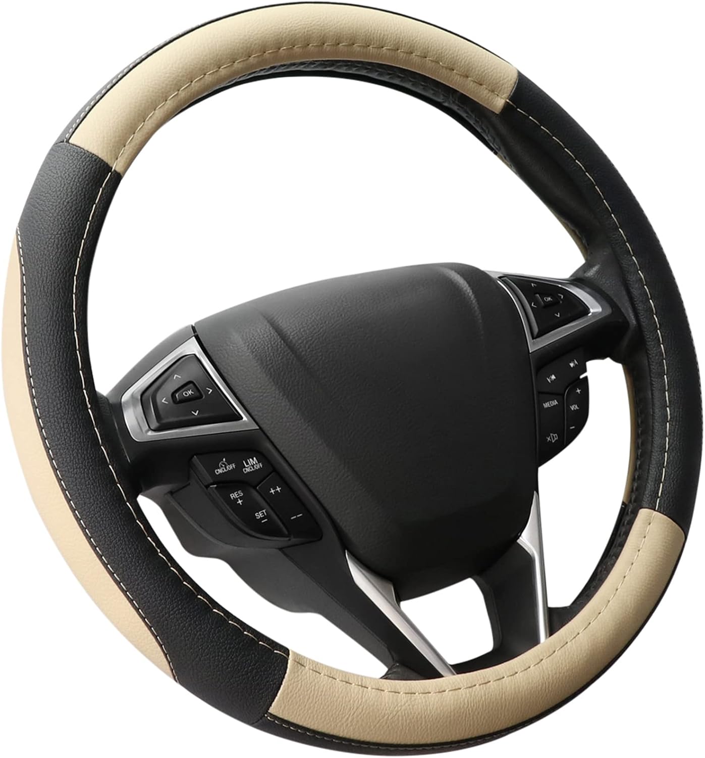 SEG Direct Car Steering Wheel Cover Universal Standard Size 14.5-15 inch, Black and Beige Microfiber Leather