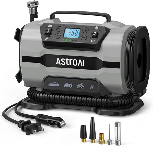 AstroAI Tire Inflator Portable Air Compressor Pump 150PSI 12V DC/110V AC with Dual Metal Motors &LED Light, Automotive Car Accessories&Two mode for car, bicycle tires and air mattresses, Gray