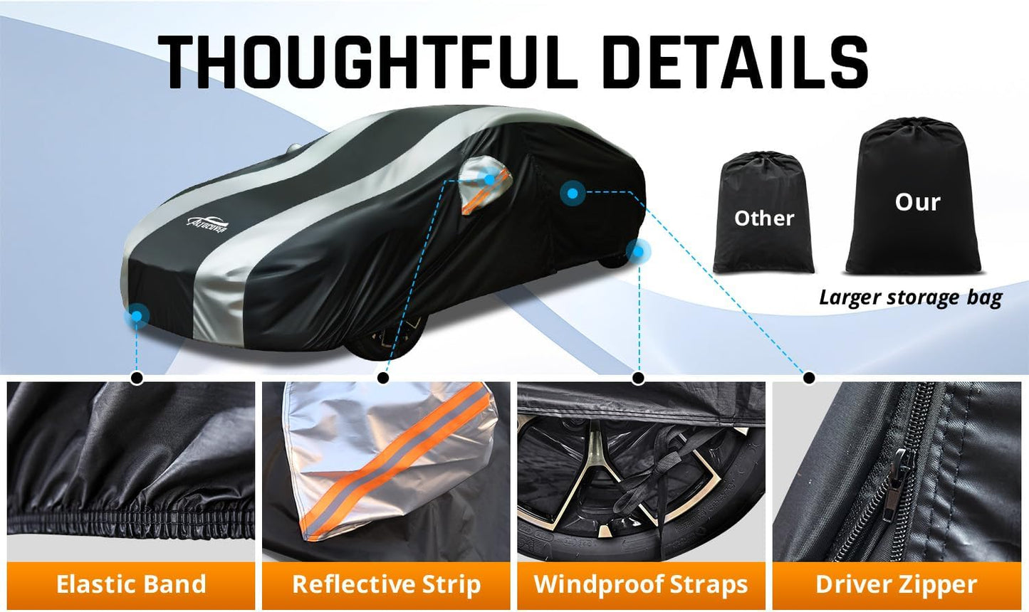 Car Cover Waterproof All Weather Protection with Silver Stripe Design,Outdoor Car Cover Universal Fit Lincoln MKZ, Chrysler 300, Tesla Model S, Cadillac CTS CT5, Dodge Challenger Charger