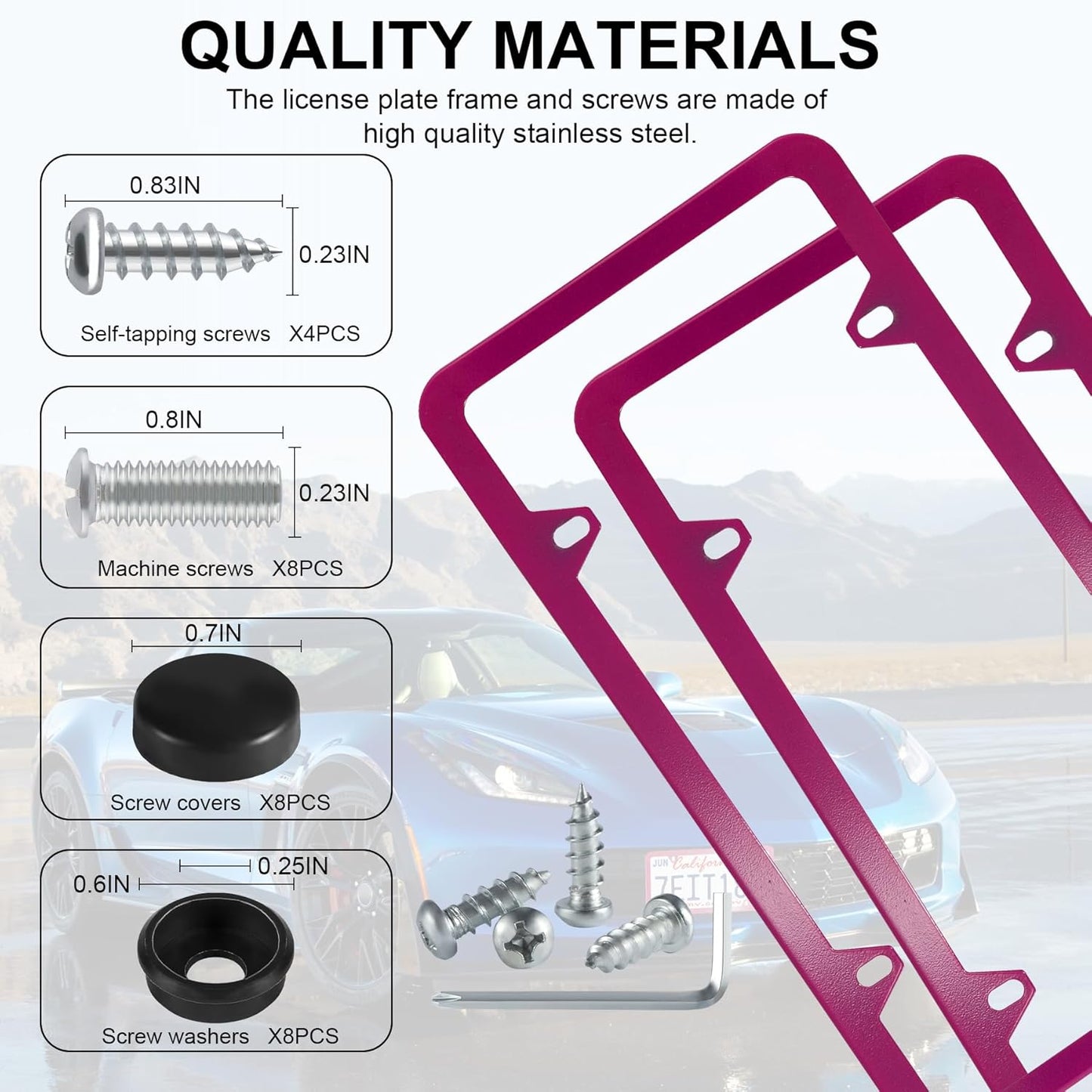 LivTee 4 Holes Stainless Steel License Plate Frames, 2 PCS Car Licence Plate Covers, Automotive Exterior Accessories Slim Design with Bolts Washer Caps for US Vehicles, Hot Pink