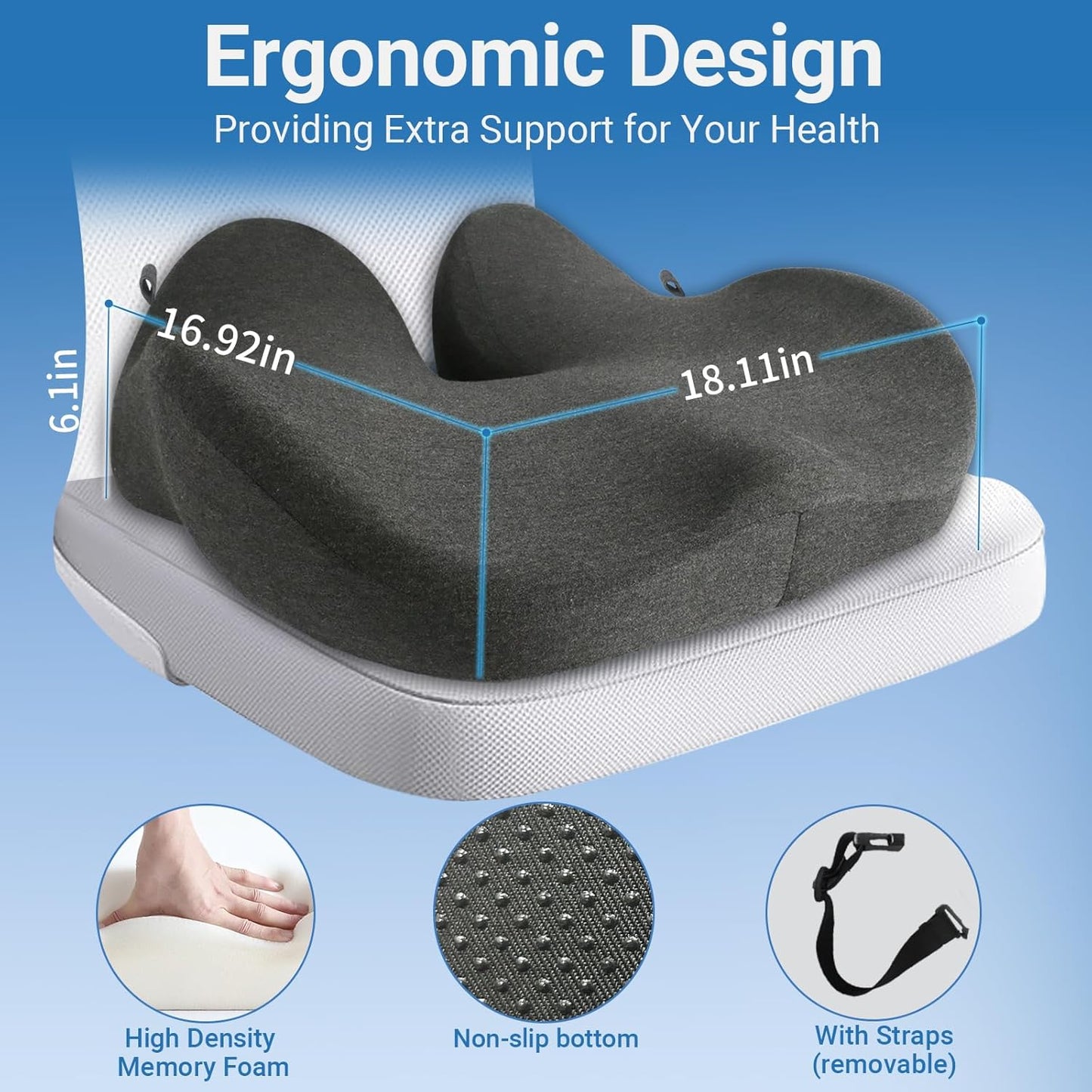 Office Chair Cushion - High Support Thickened Car Seat Cushion with Strap for Hip, Sciatica,and Tailbone Pain Relief - Ideal for Heavy People, Memory Foam Seat Cushion for Car, Truck, Home