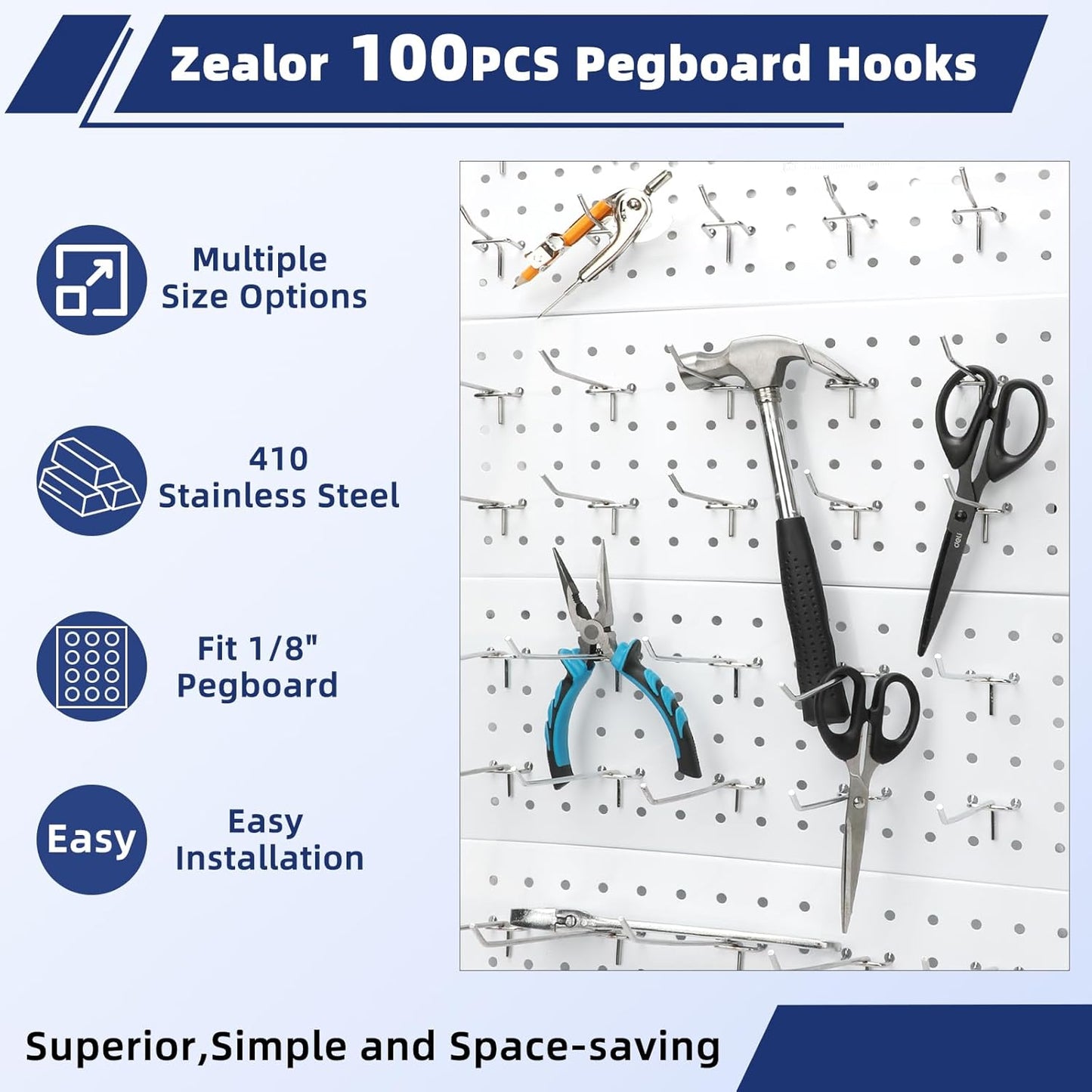 100 Pack Pegboard Hooks Heavy Duty 4 6 8 Inch Pegboard Hooks 1/8 Stainless Steel Peg Board Shelving Hanging Tool Pegs Organizer Accessories Kit for Garage Kitchen Store Craft Organizing Wall Storage