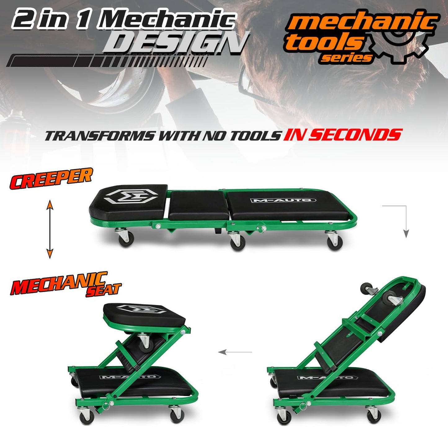 M-AUTO Foldable Z Creeper 2-in-1 Rolling Folding Car Creeper & Seat, 36" Adjustable Roller Garage Chair Lay Down or Sit, 330LBS Capacity Under Car Roller Creeper with 6 Swivel Casters, Green