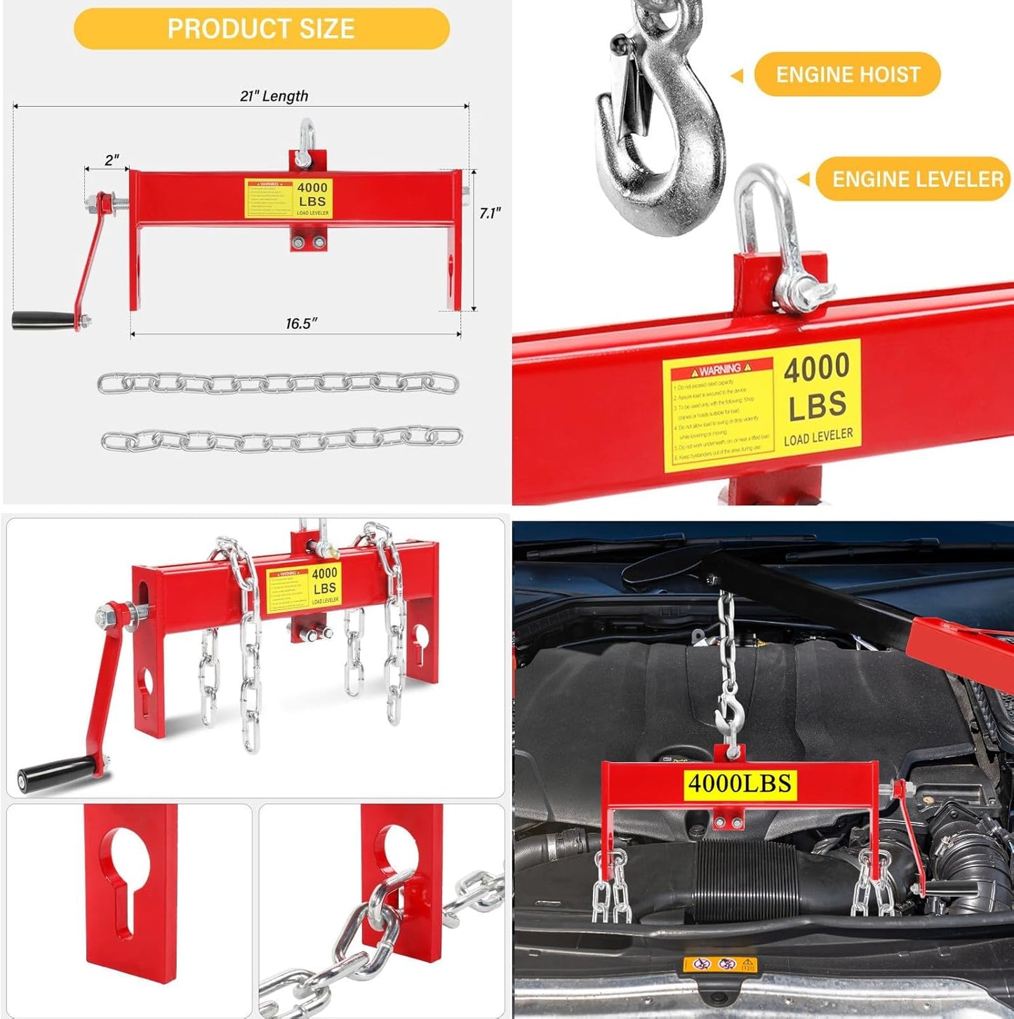 Engine Hoist 2 TON Folding Hydraulic Engine Motor Hoist with Load Leveler Lever, Cherry Picker Shop Cranes Lift Red Shop Crane 4000 lb (Engine Stand+Load Leveler)