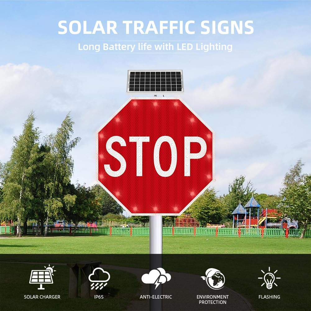 30" Solar Stop Sign Solar Powered LED Blinking Reflective Street Traffic Warning Sign Octagon Rust-proof Metal Frame