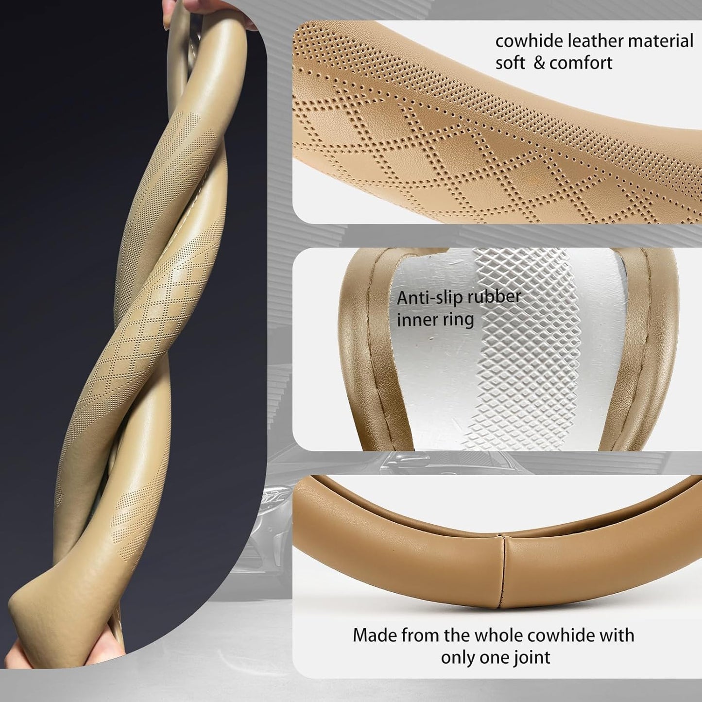 【2025 Model】 High-Grade Real Cowhide Steering Wheel Cover for Men Women，Beige Genuine Leather Steering Wheel Cover for Cars,Universal 14.5-15 inch Steering Wheels,Grid & Square Motif