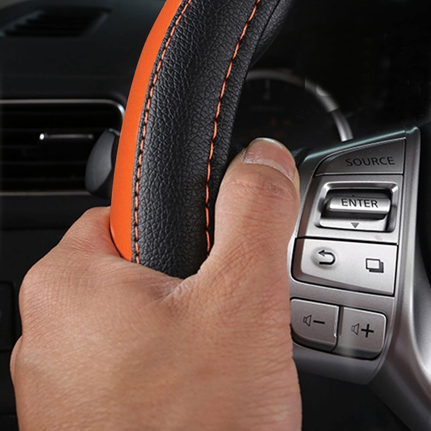 Leather Car Steering Wheel Cover, Non-Slip Car Wheel Cover Protector Breathable Microfiber Leather Universal Fit for Most Cars (Orange-2)