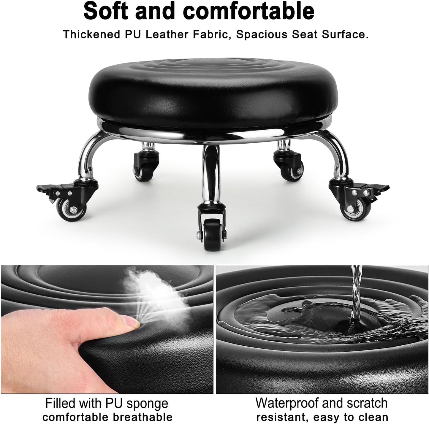 Low Rolling Stool, Low Stool with Wheels, PU Leather Low Roller Seat Stool Chair, Rolling Seat Stool for Home Office Garage Shop (Style 2)