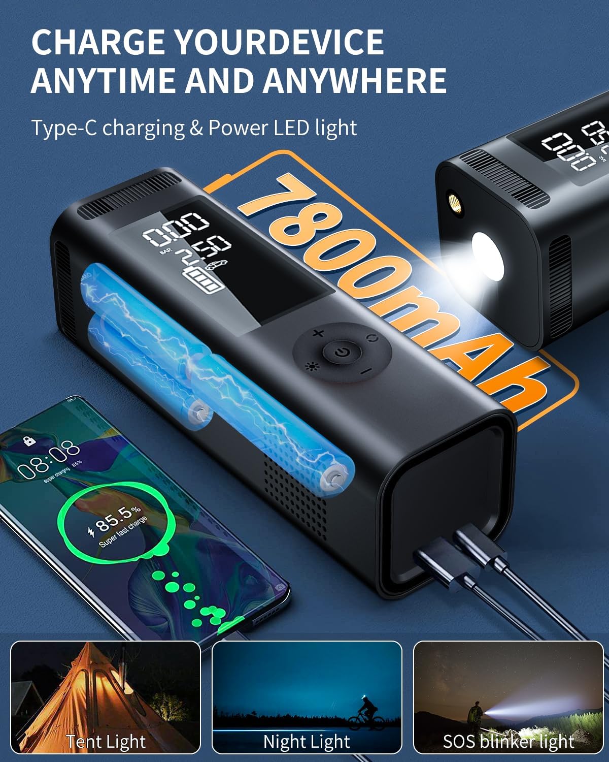 Tire Inflator Portable Air Compressor - 150PSI 4x Faster Portable Tire Inflator for Car - Air Pump For Car Tires with Digital Pressure - Auto Shut-off Smart Air Pump Suitable SUV, Bike Moto and More