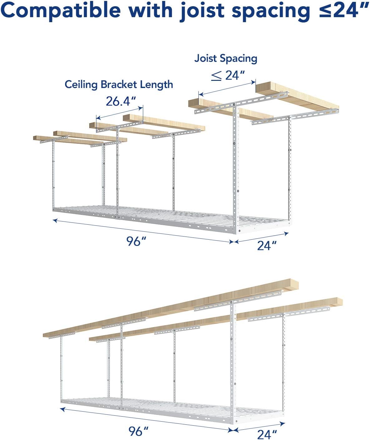 FLEXIMOUNTS 2x8 Overhead Garage Storage Rack,Adjustable Storage Organization System,Heavy Duty Metal Garage Ceiling Storage Racks,400lbs Weight Capacity,White