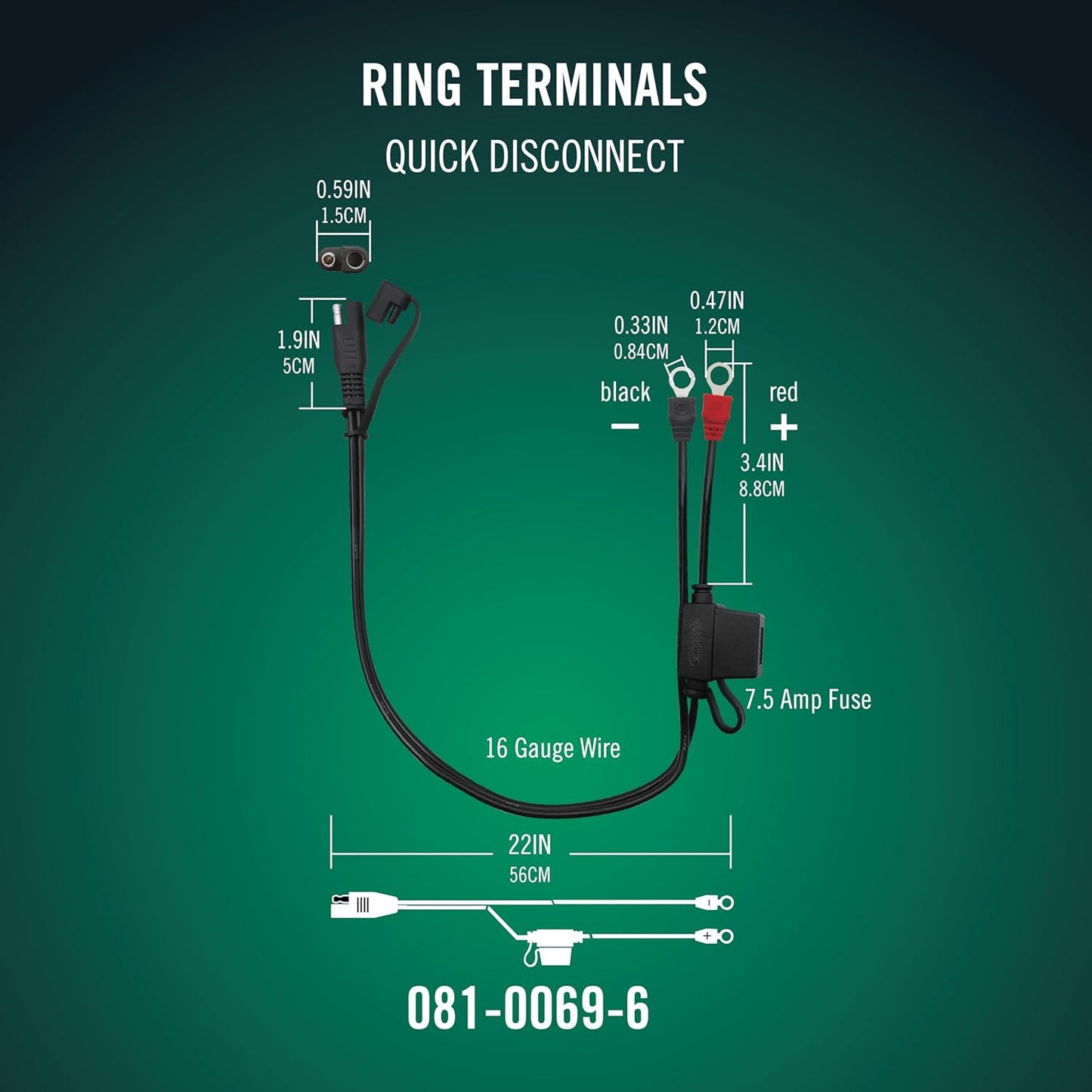 Battery Tender Ring Terminal Harness Accessory Cable - 18 inch Cord Adapter with SAE Quick Disconnect - Easy Quick Convenient for Motorcycles, Cars, ATVs and More - 081-0069-6