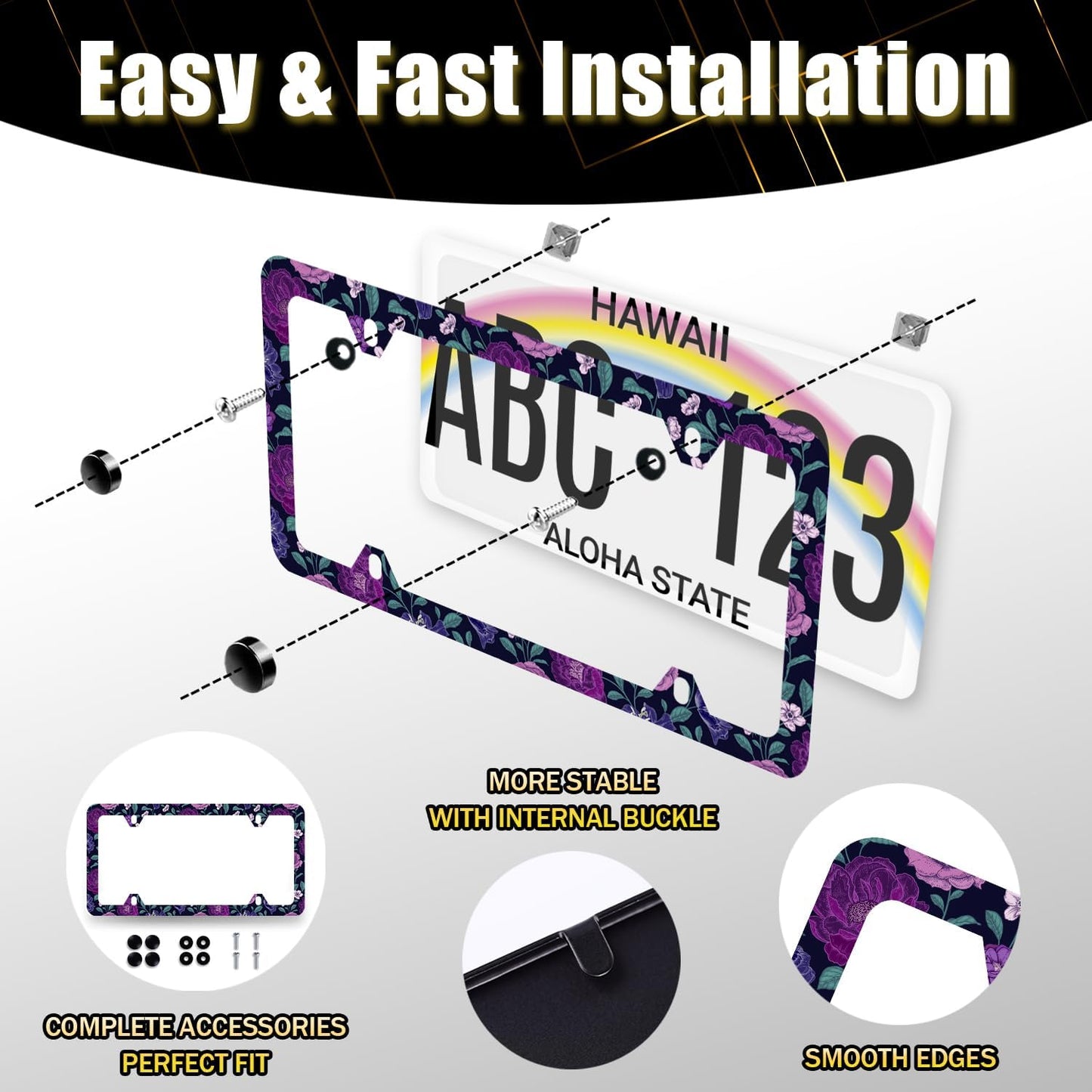 Purple Floral Flowers License Plate Frame Roses Peonies Colorful License Plate Stainless Steel Flowers Car Accessory Funny License Plate Decoration Women Size 12.2" x 6.2" with Screws