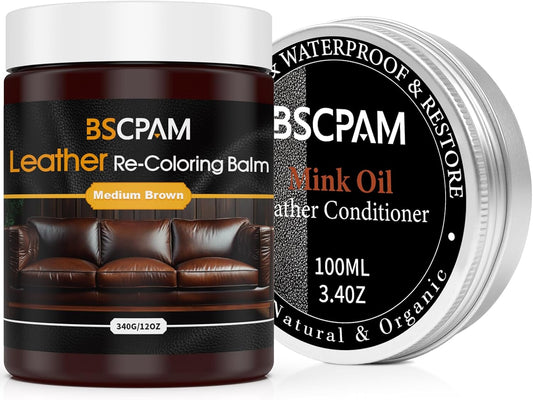 12oz Leather Recoloring Balm & 3.4oz Mink Oil Leather Conditioner kit,Medium Brown Leather Color Repair Kits for Couches, Leather Couch Paint Scratch Repair for Furniture Car Sofa Shoes Leather Dye